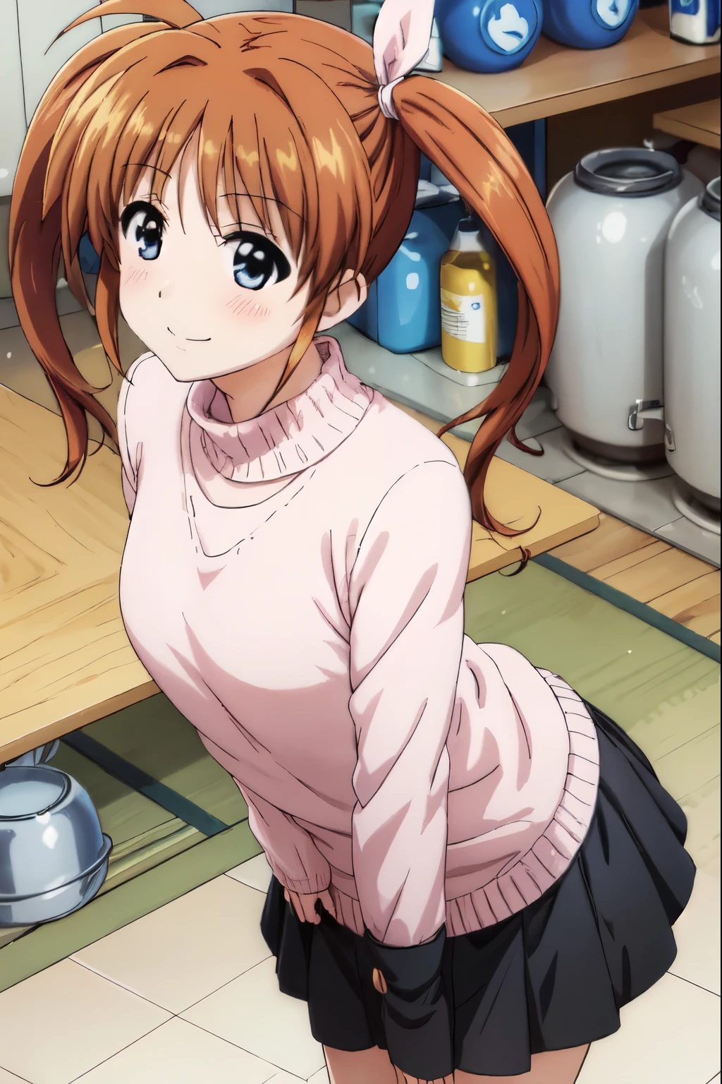 Nanoha Takamachi、(anime illustration:1.3),pink sweater, black skirt, smile, carboy shot, long hair、twin tails, arm at side、closed mouth、