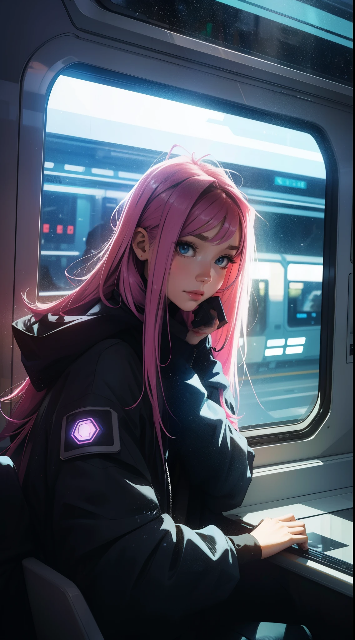 train du futur, Cyberpunk, sitting by the window, pose pensives, Look at the stars, Head glued to the glass, Landscape passing by at high speed, voyage de nuit, beautiful starry sky, Une belle fille avec, UHD Portrait, (High quality) (ultra details) Regarder le spectateur en tenue de ville de style hip-hop; different, colourfull, cheveux longs 🍏 colourfulls 🌈