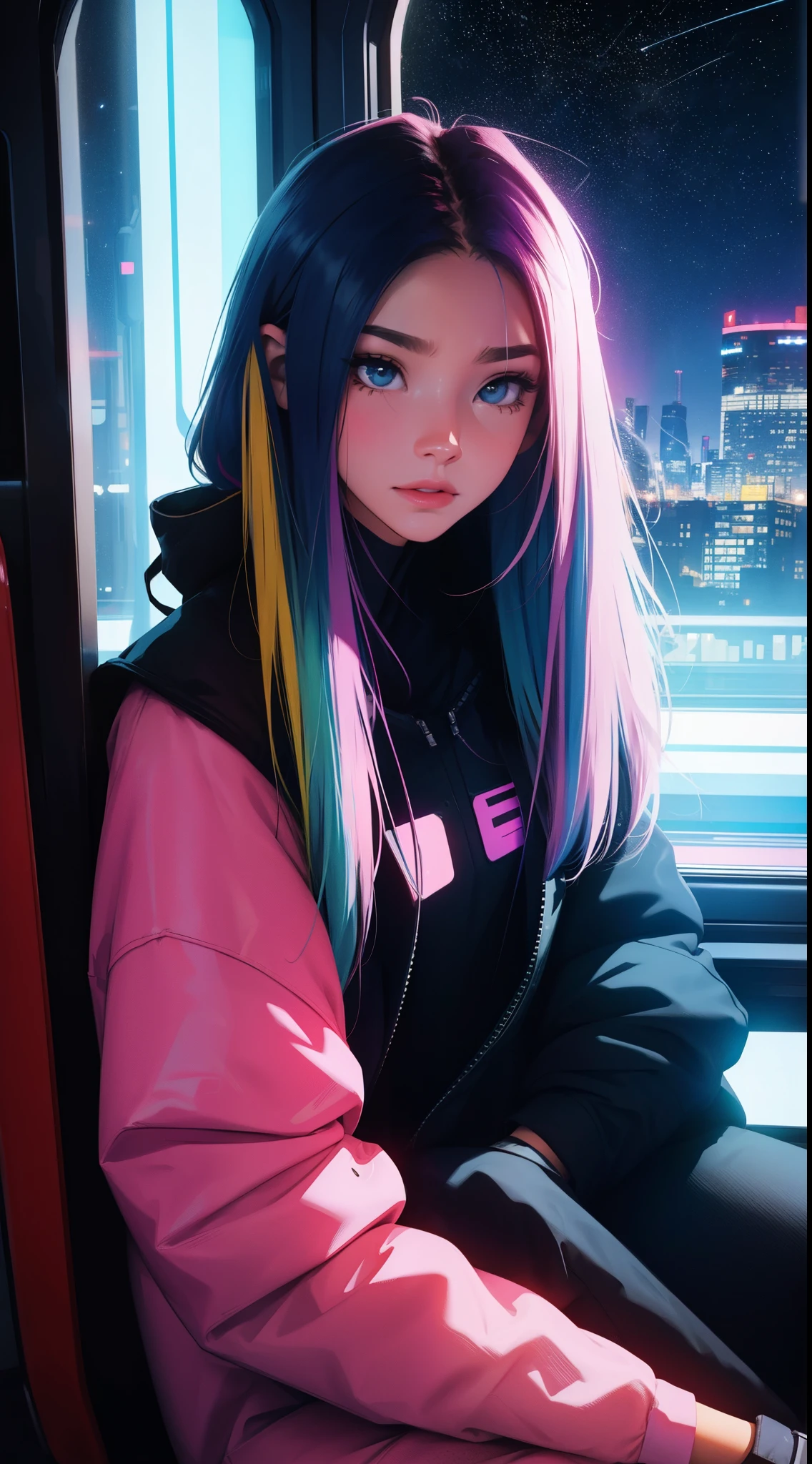 train du futur, Cyberpunk, sitting by the window, pose pensives, Look at the stars, Head glued to the glass, Landscape passing by at high speed, voyage de nuit, beautiful starry sky, Une belle fille avec, UHD Portrait, (High quality) (ultra details) Regarder le spectateur en tenue de ville de style hip-hop; different, colourfull, colored long hair 🌈