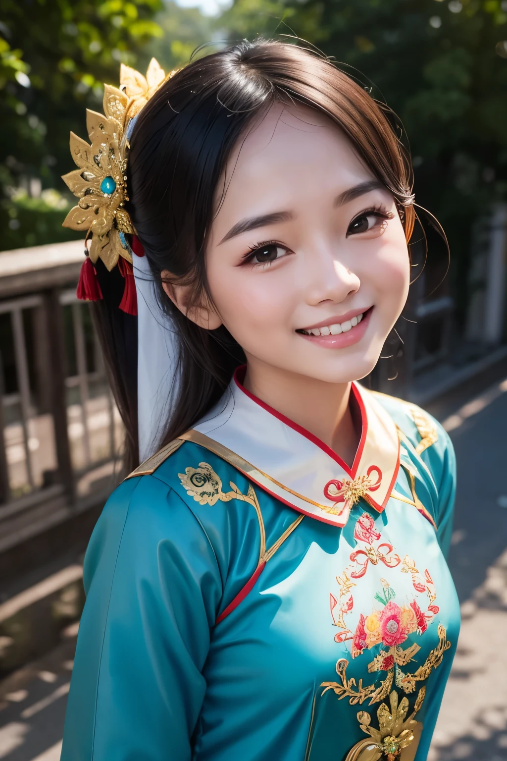 8k real photo、cute girl、vietnamese national costume、Smiling at the camera、Portrait