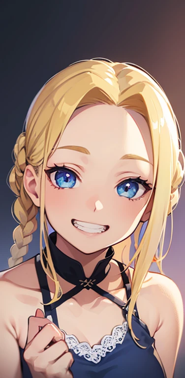 Realistic、1house wife、blonde hair、braid、blue eyes、(eye focus:1.3,face focus,cowboy shot),(gradient eyes:1.3),(camisole)、open mouth,(grin:1.3),forehead,cute face
