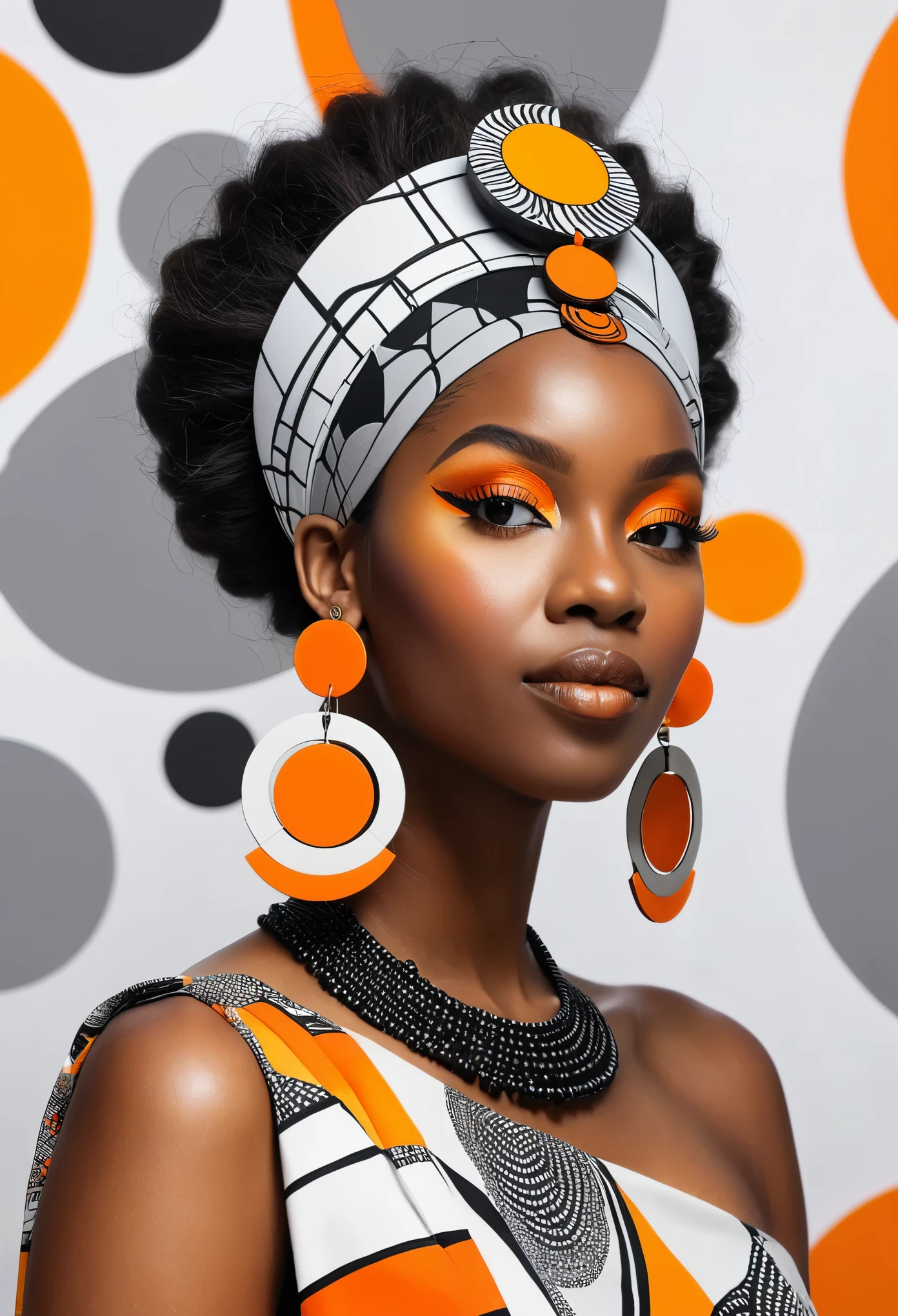 a black woman with a rubix cube and a crescent headdress and a grey and white abstract background with orange circles, african designed earrings