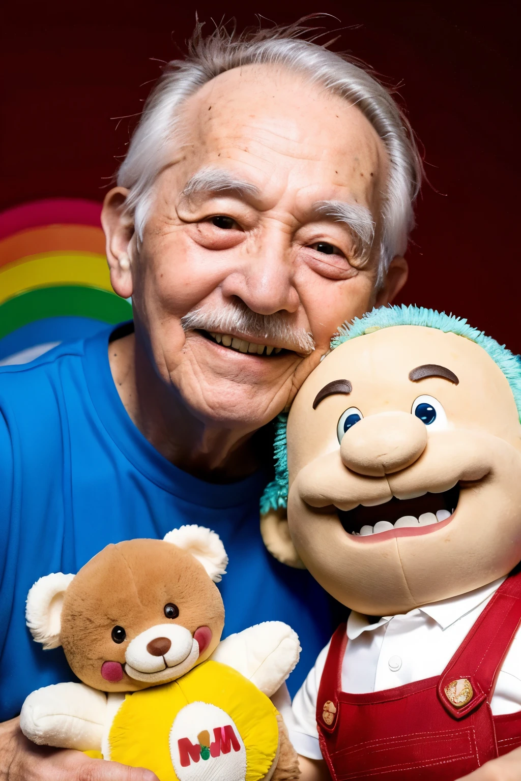 An old man with rainbow-colored skin smiles and drools.。Grandpa is eating Mario's head。The old man is surrounded by bear dolls.。