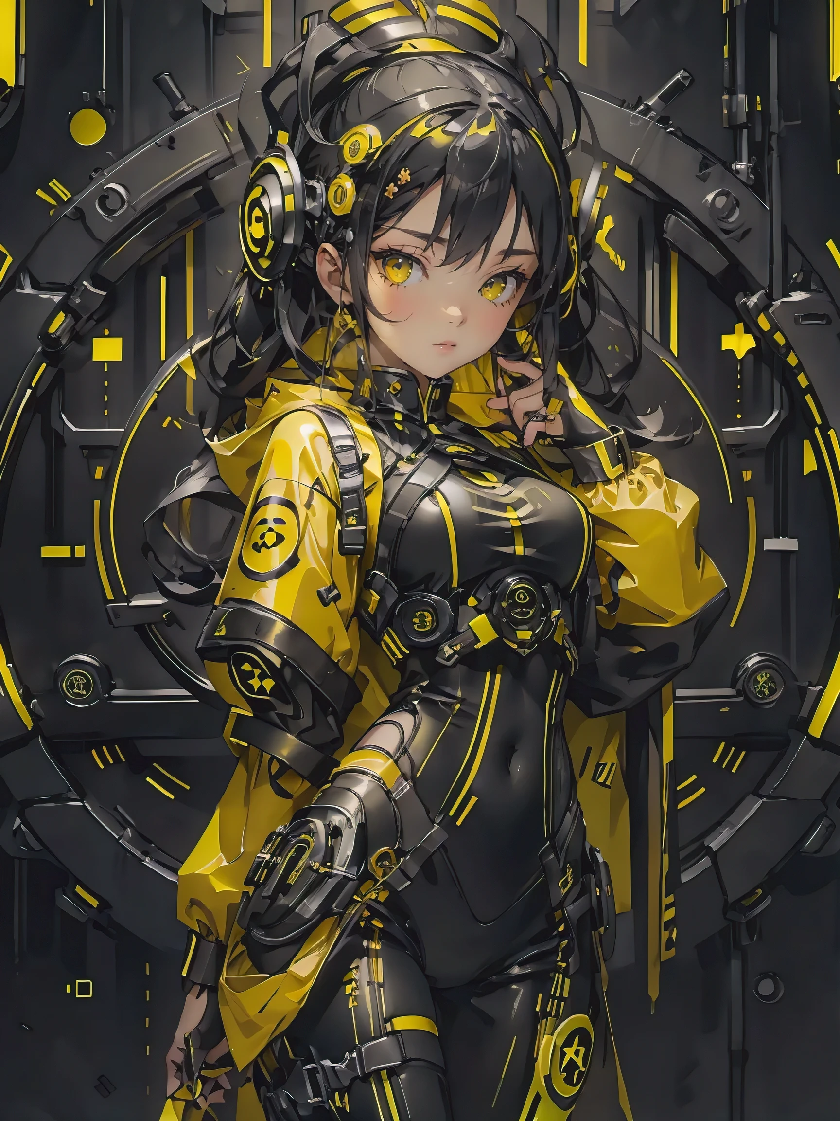 1gothic girl with black and yellow techwear clothes, circles neon in background