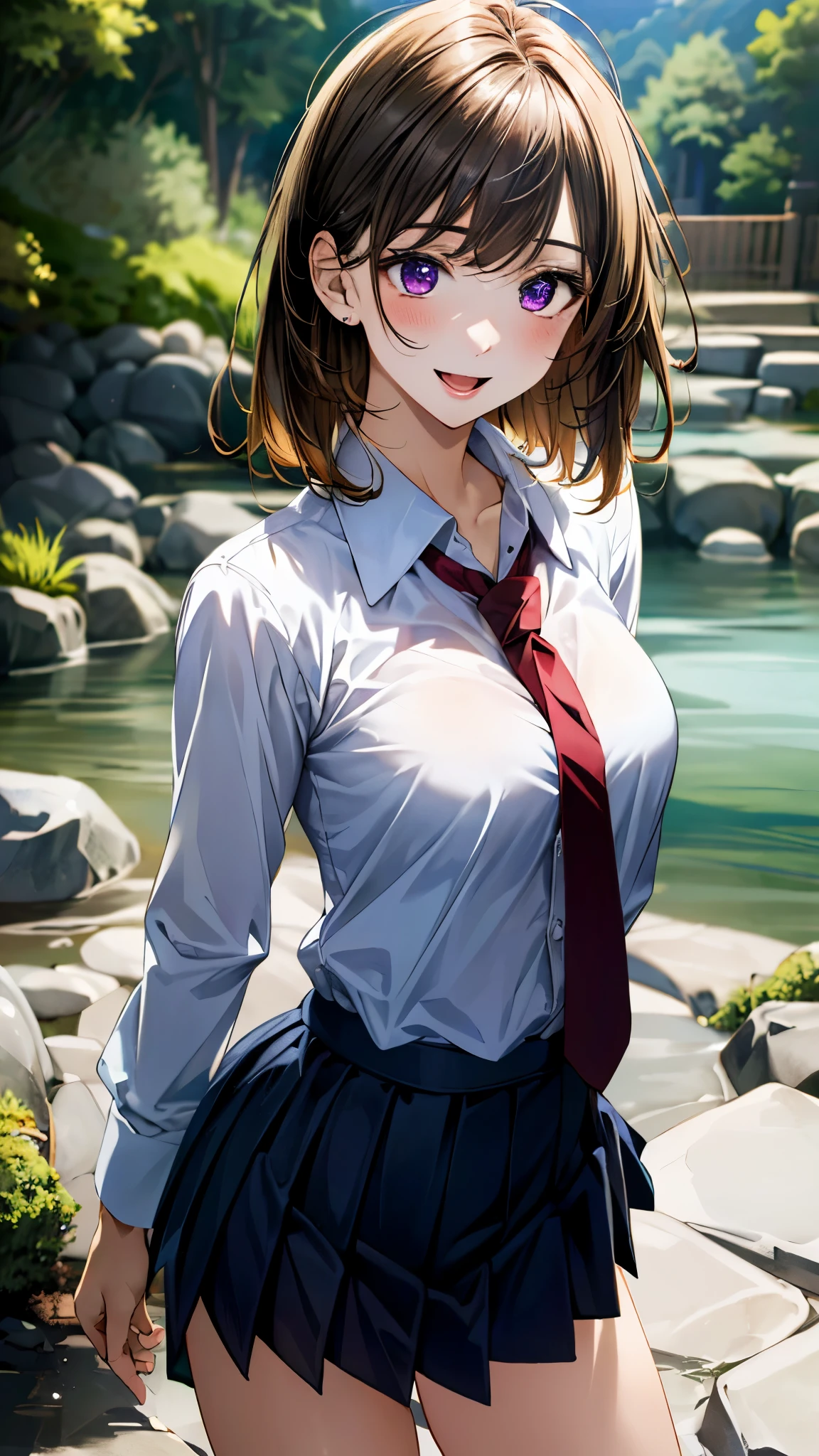 (masterpiece:1.3, top-quality, ultra high res, ultra detailed), (realistic, photorealistic:1.4), beautiful illustration, perfect lighting, natural lighting, colorful, depth of fields, 
beautiful detailed hair, beautiful detailed face, beautiful detailed eyes, beautiful clavicle, beautiful body, beautiful chest, beautiful thigh, beautiful legs, beautiful fingers, 
looking at viewer, 1 girl, japanese, high school girl, perfect face, (perfect anatomy, anatomically correct), cute and symmetrical face, face, , shiny skin, 
(middle hair:1.5, straight hair:1.4, blonde hair), swept bangs, dark purple eyes, long eye lasher, (medium breasts), slender, 
((collared white shirt, navy pleated skirt, dark red tie)), navy school socks, , 
(beautiful scenery), evening, (hot spring town), standing, hands on chest, (seductive smile, open mouth), 