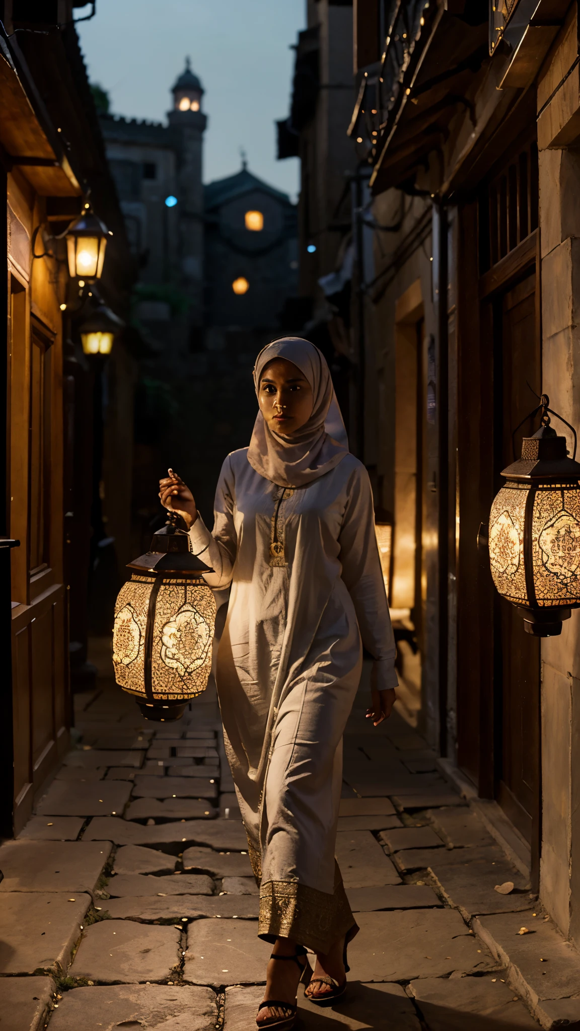 Muslim woman wearing a traditional fanous lantern during Ramadan. The lantern is beautifully adorned with intricate patterns, and its soft glow illuminates her face as she walks through the bustling streets of an ancient city. The narrow alleys are lined with centuries-old stone buildings, and the scent of freshly baked pastries mingles with the fragrance of jasmine blossoms