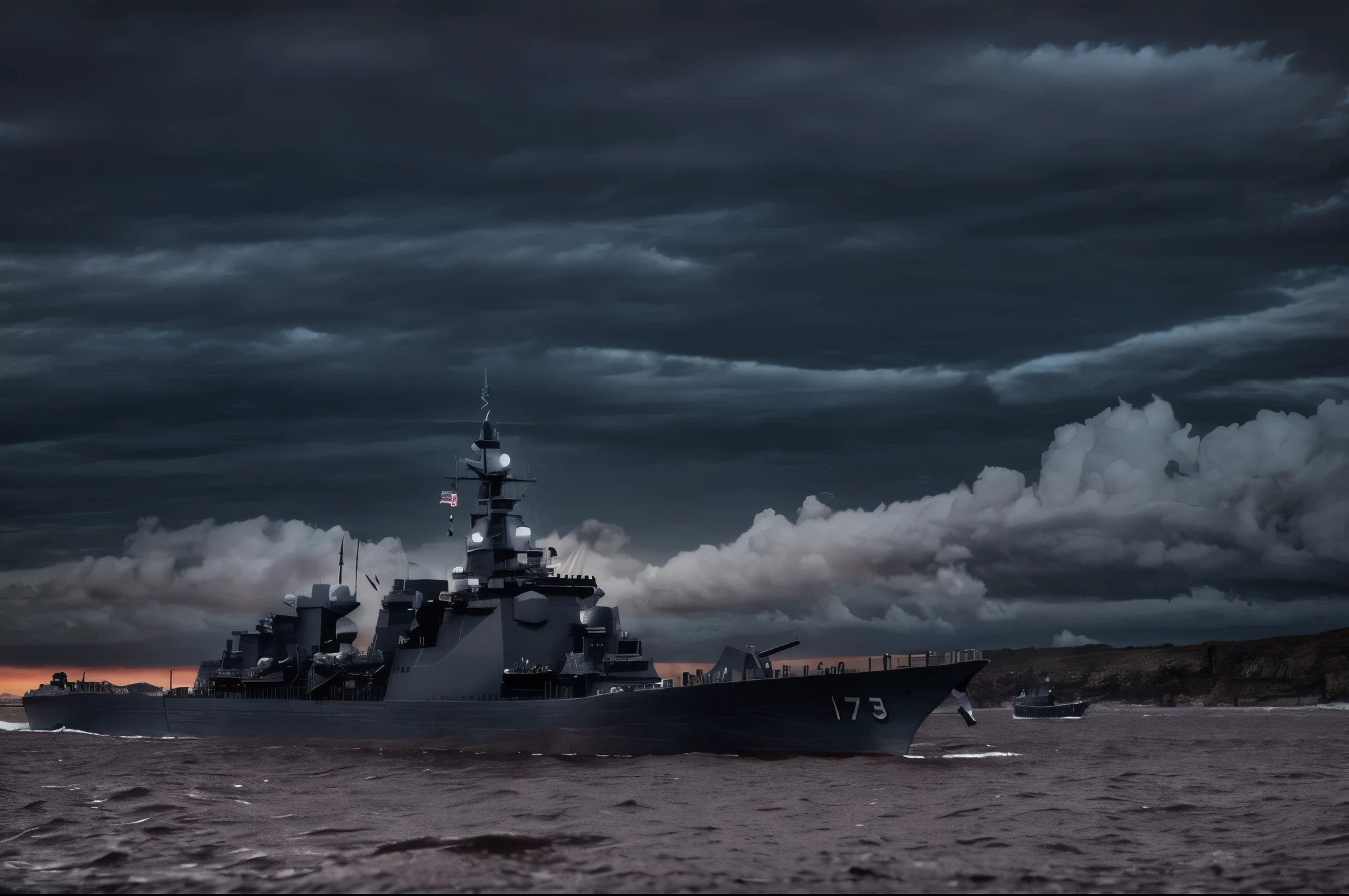 arafed navy ship in the water with a cloudy sky, warship, kirokaze and paul robertson, yuyushiki, naval landscape, warships, kirokaze, naval background, realistic warship design, ussg ishimura, profile shot, yamato, by John Murdoch, former, front view dramatic, battleship, photo shot