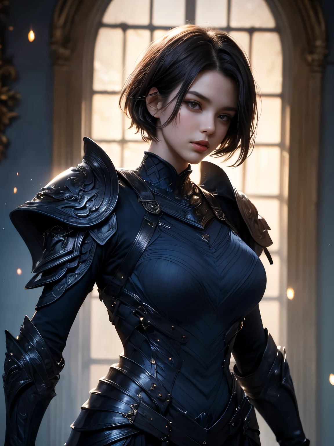 (((Best Quality))), ((Ultra-detailed)), (extremely detailed photo), ((extremely delicate and beautiful)),(Cute delicate face), ((masterpiece)), perfect anatomy, intricate, (highly detailed), masterpiece, photorealistic, (Tall and cool 30 year old boyish girl),(navy blue and black armor:1.3), ((Castle Town)) ,(upper body),(holding glowing sword),alone,(black hair and short hair),(dynamic pose), looking at viewer, double eyelid,delicate skin,slender body shape