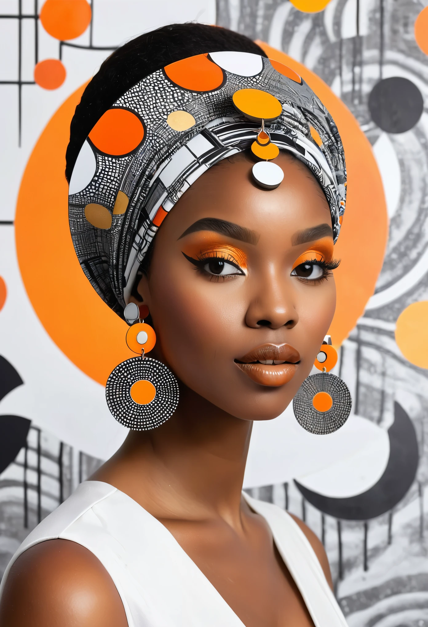 a black woman with a rubix cube and a crescent headdress and a grey and white abstract background with orange circles, african designed earrings