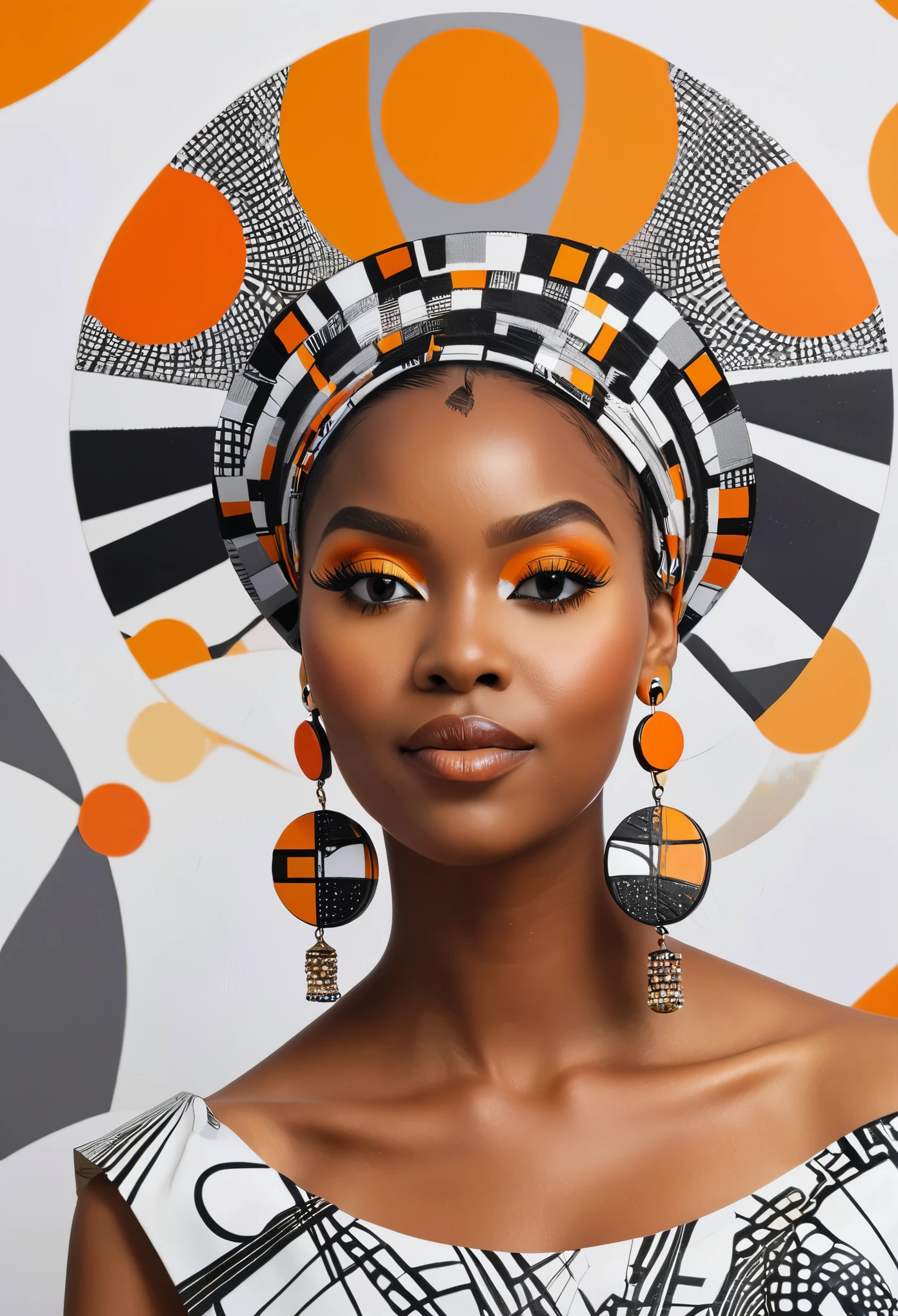 a black woman with a rubix cube and a crescent headdress and a grey and white abstract background with orange circles, african designed earrings