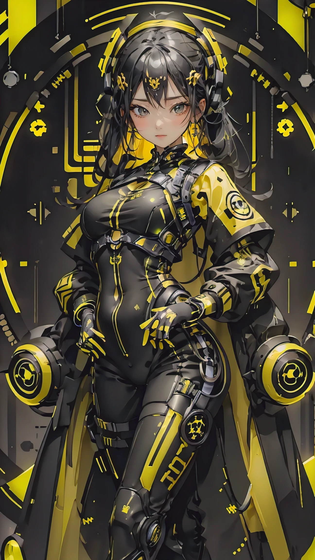 1gothic girl with black and yellow techwear clothes, circles neon in background