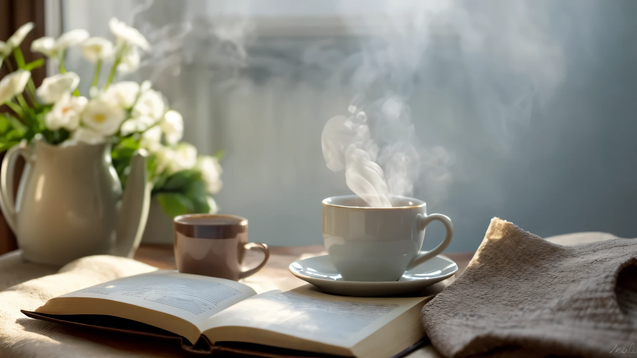 Generate a high-resolution, high-quality image of a cozy and serene setting. The scene should include a cup of hot coffee with steam rising from it, placed on an open book. The book is on a bed adorned with soft and textured fabrics. Delicate white flowers are scattered around to add an aesthetic touch. The overall mood should evoke warmth, comfort, and tranquility.