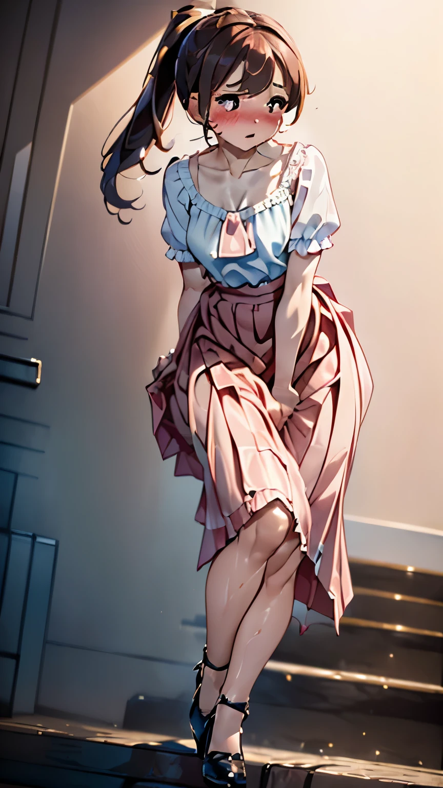 (ultra-detailed, best quality, detailed face, anatomically perfect body), (parted lips:1.6), shiny skin, (1 girl), dwarf, medium, (have to pee, very desperate to pee, have to pee:1.2), took in restroom, standing, (smock blouse:1.3), (long skirt:1.5), (heels, low ponytail:1.3), (have to pee:1.4), (knees together and feet apart:1.1), (Rub each other's thighs:1.3), (one hand between legs), (leaning forward), (rubbing crotch:1.5), (girl can't stand up straight), (constricted pupils:1.2), (sad:1.4), (blush:1.8), (embarrassment:1.7), flowing sweat, (breathless:1.5), (looking up:1.6), (full body:1.2), (top of stairs:1.2), (from below:1.3), (from side)