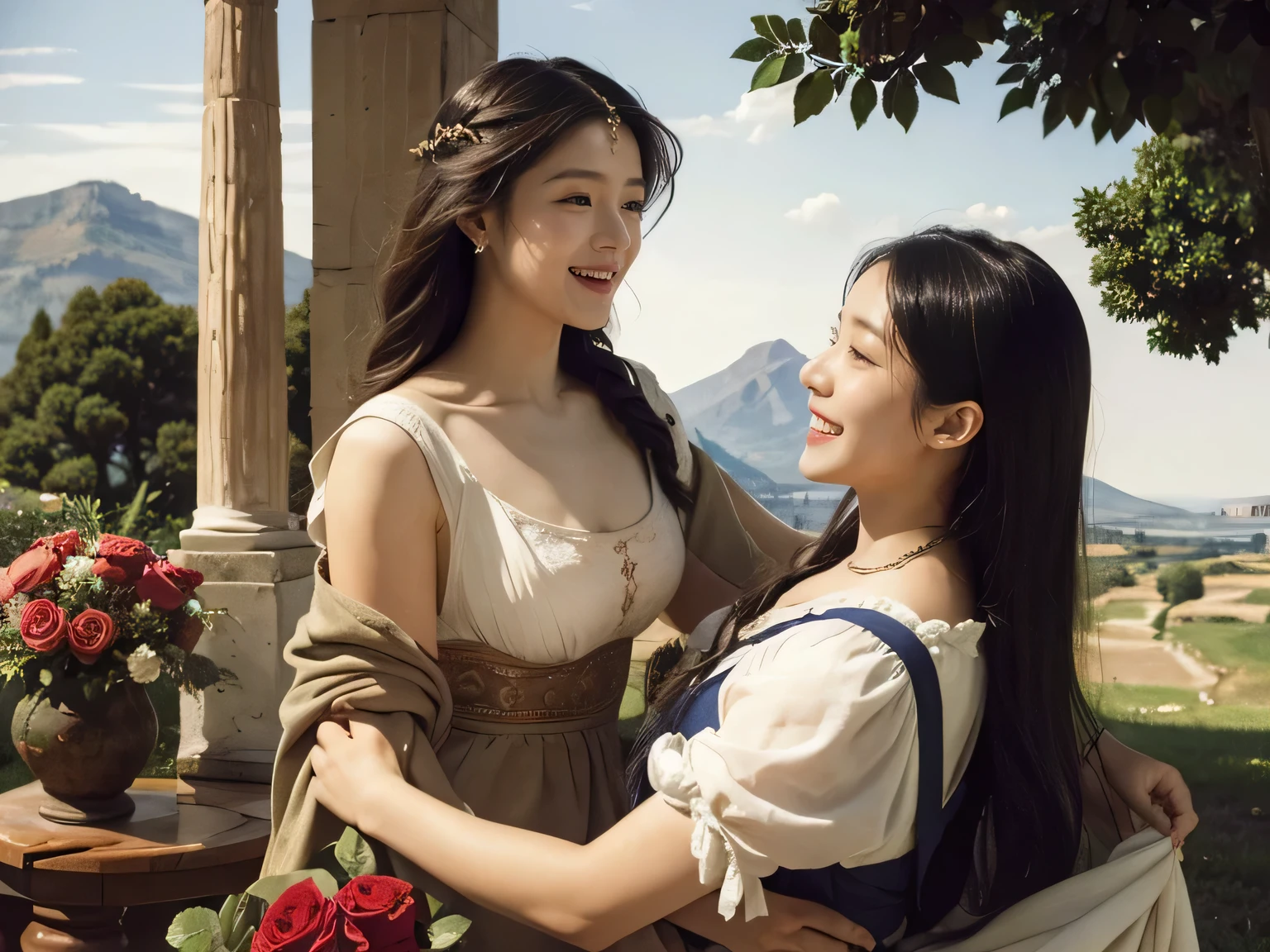 Ancient Roman ruins、Poussin-style landscape、smile、、Sweet and enchanting appearance、Caravaggio's paintings、Caravaggio's chiaroscuro、hair tousled by the wind、two women having fun、キュートなsmile、expression of ecstasy、sexy、erotic