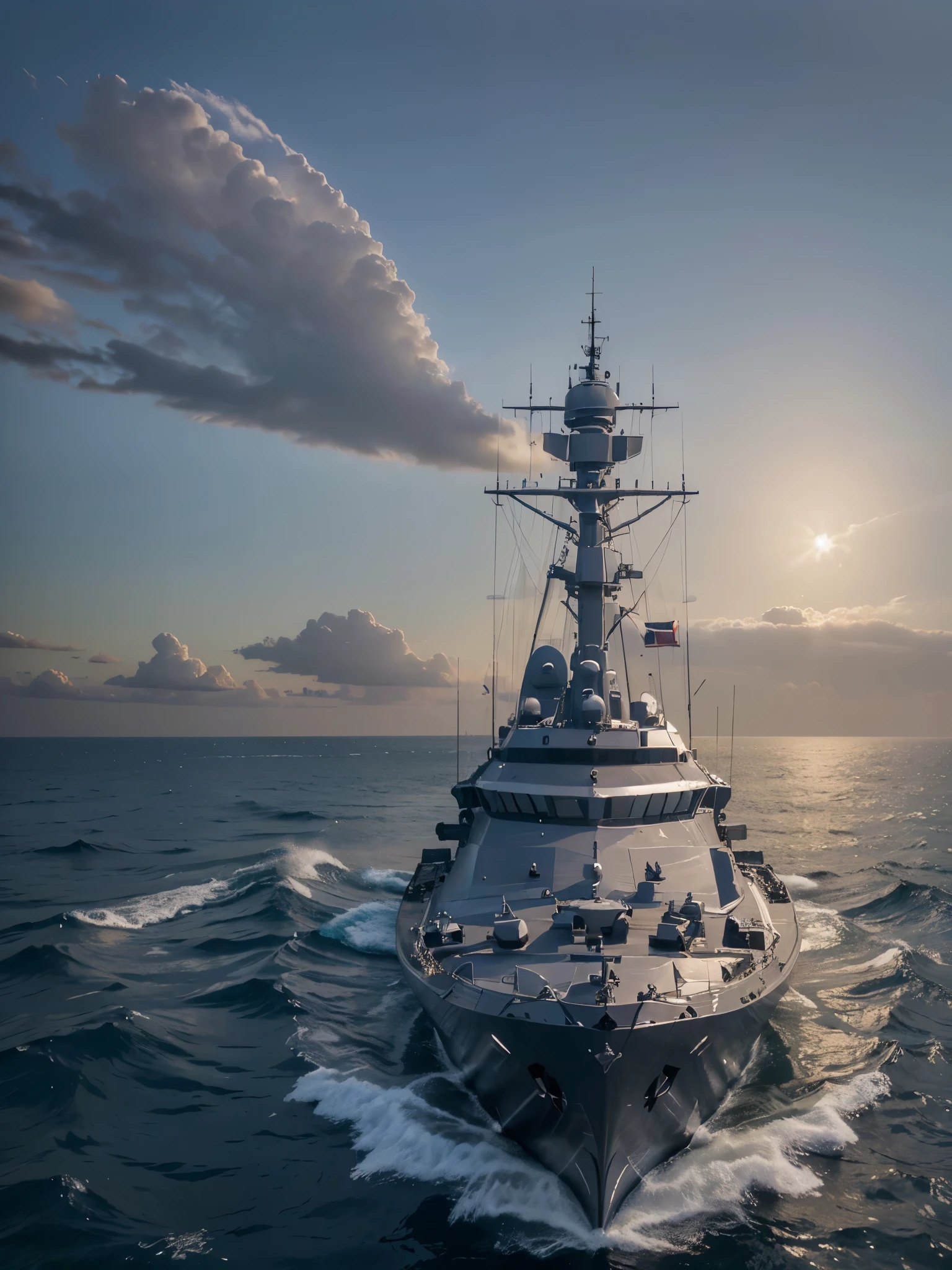 ((masterpiece、highest quality、real、Super detailed、High resolution、photorealistic、sharp focus、realistic photo、Live shooting、cinematic lighting))、modern style warship、Metallic gray color with blue detailissile launch、realistic sea surface、perfect composition