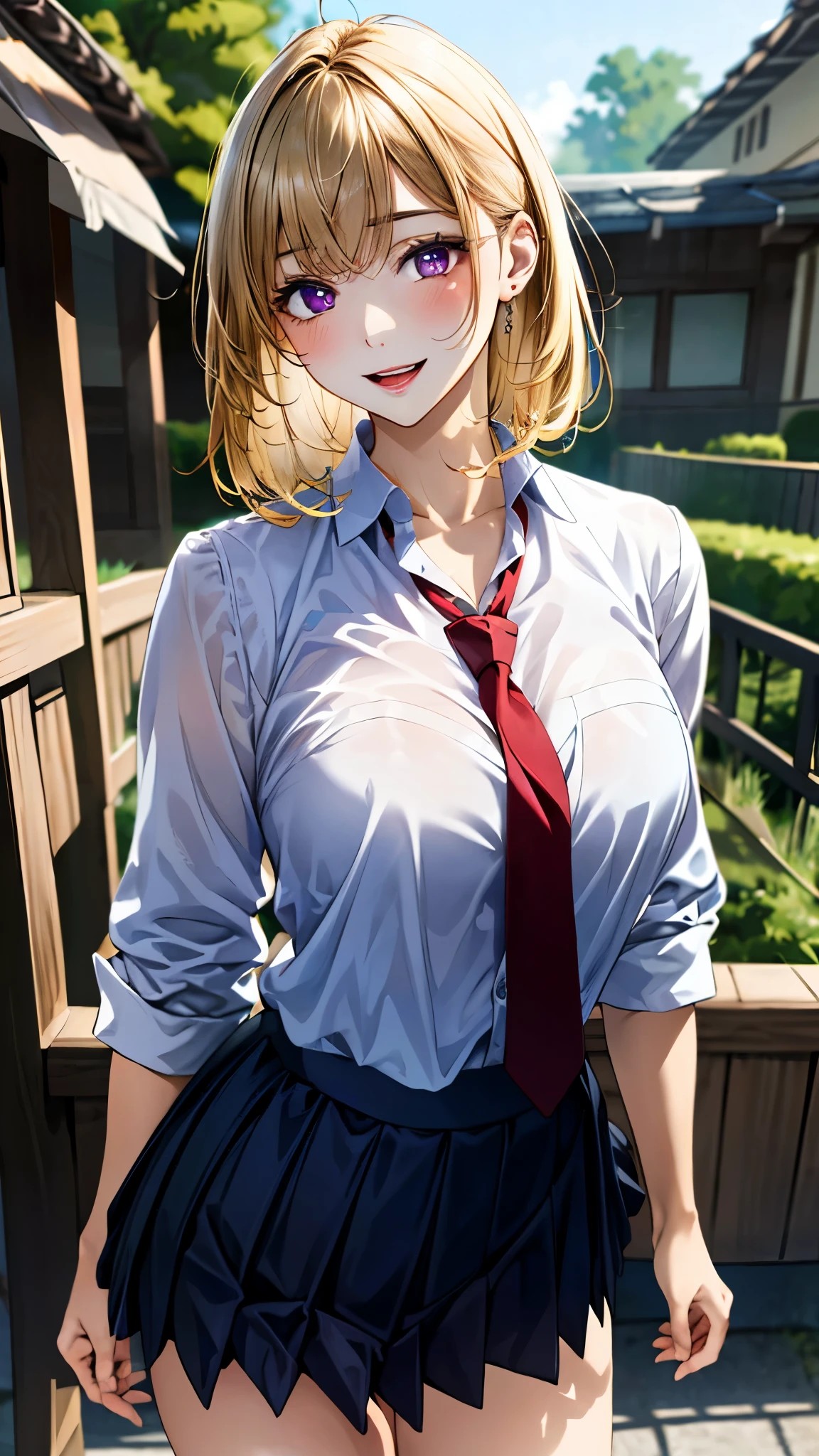 (masterpiece:1.3, top-quality, ultra high res, ultra detailed), (realistic, photorealistic:1.4), beautiful illustration, perfect lighting, natural lighting, colorful, depth of fields, 
beautiful detailed hair, beautiful detailed face, beautiful detailed eyes, beautiful clavicle, beautiful body, beautiful chest, beautiful thigh, beautiful legs, beautiful fingers, 
looking at viewer, 1 girl, japanese, high school girl, perfect face, (perfect anatomy, anatomically correct), cute and symmetrical face, babyface, , shiny skin, 
(middle hair:1.5, straight hair:1.4, (blonde hair)), swept bangs, dark purple eyes, long eye lasher, (medium breasts), slender, 
((collared white shirt, navy pleated skirt, dark red tie)), navy school socks, , 
(beautiful scenery), evening, (high school), standing, hands on chest, (seductive smile, open mouth), 