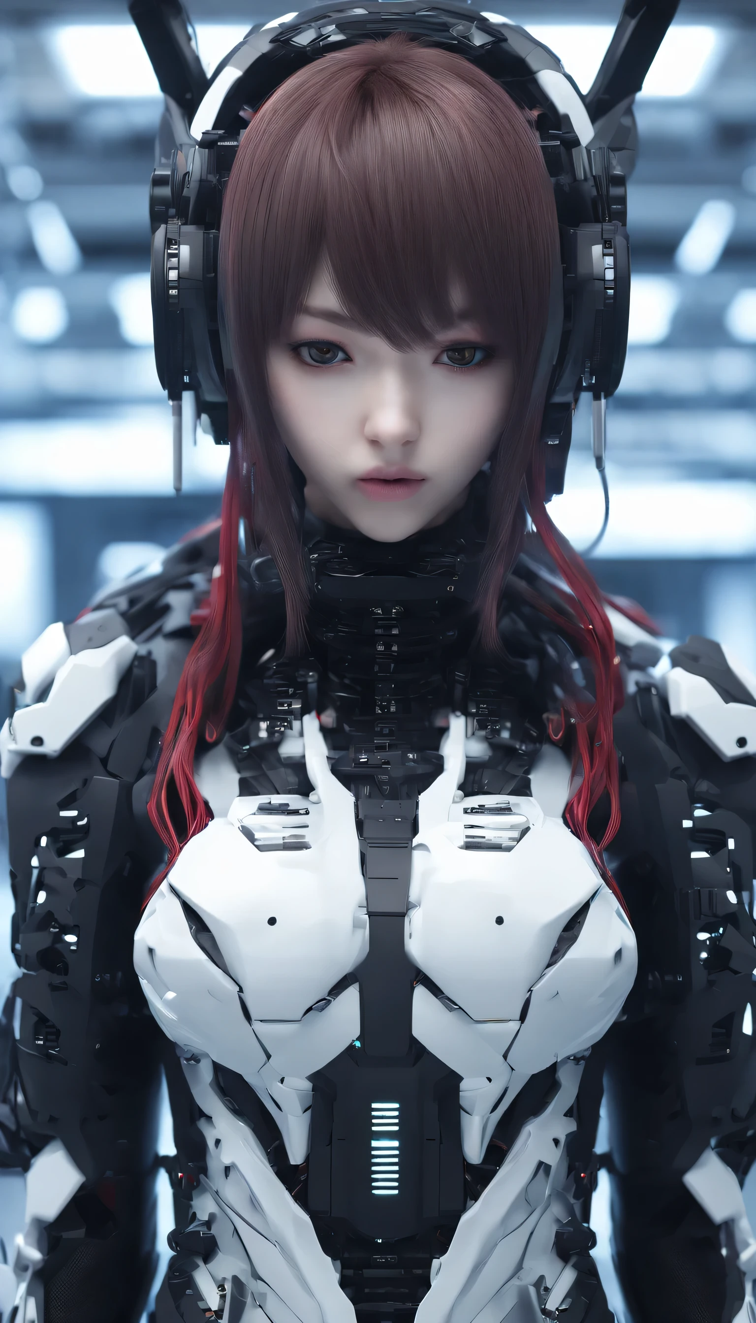 Ultra detailed mechanical cyberpunk female android center portrait, Anime style、Looking into the camera, Convoluted, Elegant, The ultra -The high-definition, Smooth, Sharp Focus, non-blur, No degrees of freedom, Extreme illustration, Unreal, Full body (Details), whole body highly detailed, (((Cable to connect to the monitor))), (((Machines that attach parts to the head))) | bio punk | cybernetics | Cyberpunk | | Canon M50| 100 mm| Sharp Focus | Hyper-Realism | Very detailed| Intricate details | full-body view, Small glowing LED lamp, Bright red neon highlights, global lighting, Deep Shadows, Octane Rendering, 8K, ultrasharp, Metal, Intricate decoration details, Baroque style details, high intricate detailed, Realistic light, Trends in CG, Facing the camera, neon details, (android factory on background). Red.sexy.Big thighs.