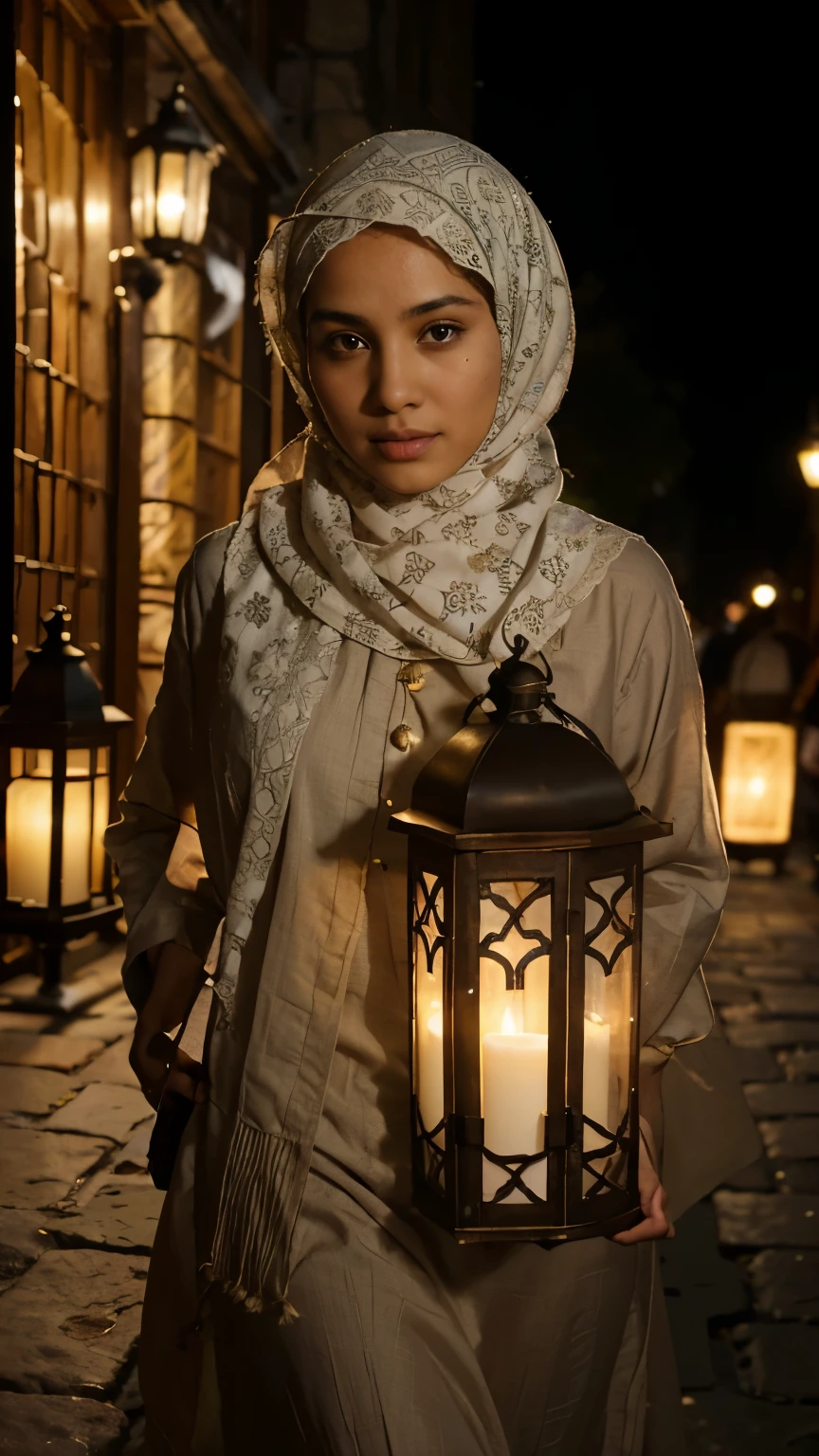 Muslim woman wearing a traditional fanous lantern during Ramadan. The lantern is beautifully adorned with intricate patterns, and its soft glow illuminates her face as she walks through the bustling streets of an ancient city. The narrow alleys are lined with centuries-old stone buildings, and the scent of freshly baked pastries mingles with the fragrance of jasmine blossoms