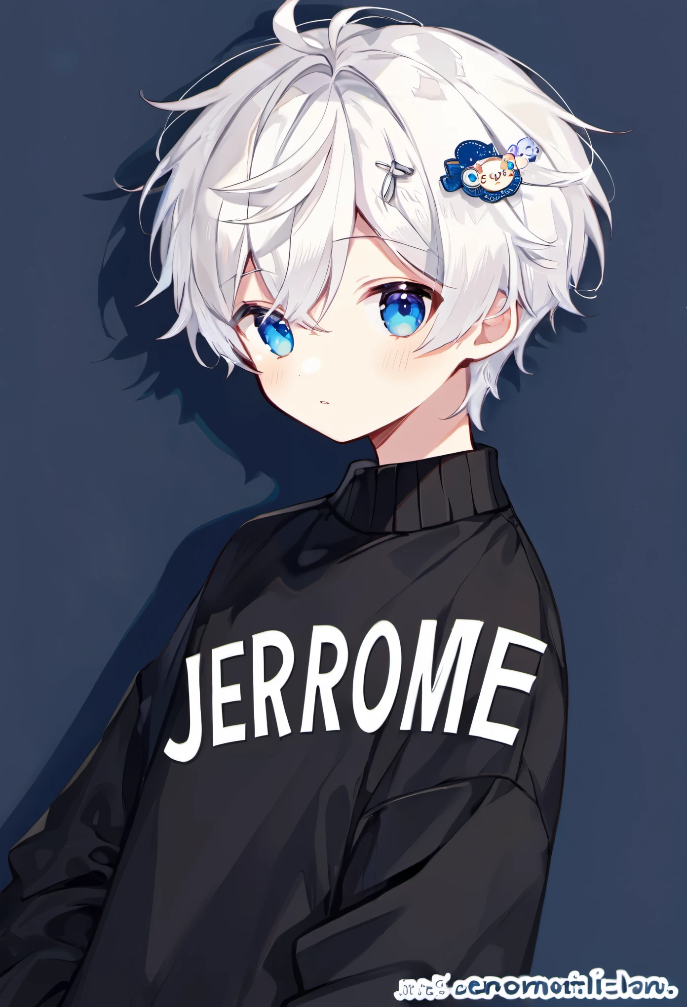 A cute boy with white hair and blue eyes wearing black clothes with the name "Jerome" embroidered on his clothing.