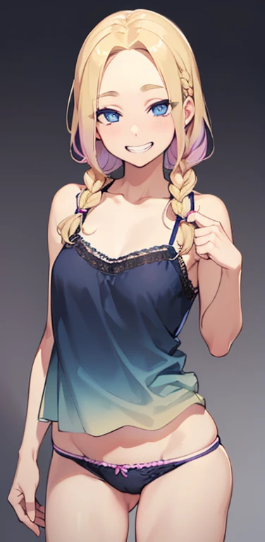 Realistic、1house wife、blonde hair、braid、blue eyes、(eye focus:1.3,face focus,cowboy shot),(gradient eyes:1.3),(camisole sexy panties
)、open mouth,(grin:1.3),forehead,cute face