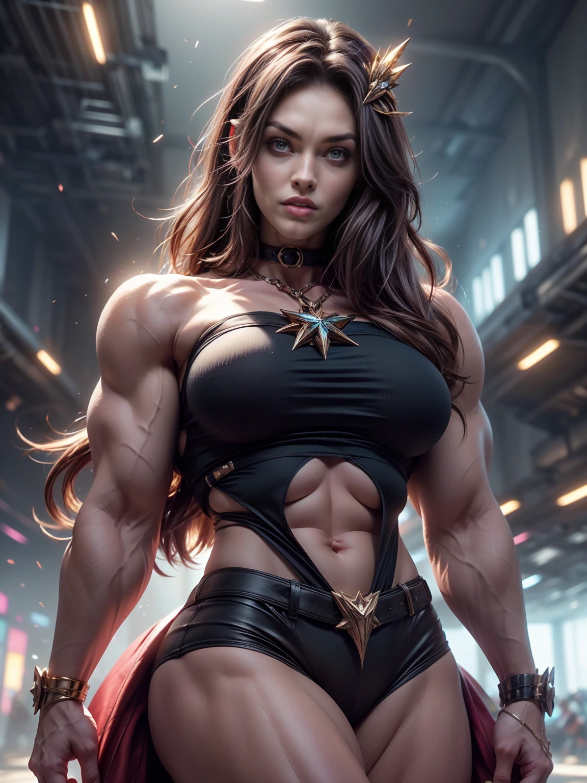 Cinematic, clear facial features and insanely detailed, it captures the essence of a muscular female bodybuilder (Megan Fox) with breathtaking beauty. The color grading is beautifully done, enhancing the overall cinematic feel. Unreal Engine brings her to life, her appearance even more mesmerizing. With the use of depth of field (DOF), every detail is focused and accentuated, drawing attention to her eyes and hair. The image resolution is at its peak, utilizing super-resolution technology to ensure every pixel is perfect. Cinematic lighting enhances her aura, while anti-aliasing techniques like FXAA and TXAA keep the edges smooth and clean. Adding realism to the muscular female bodybuilder, RTX technology enables ray tracing, it look as if it's actually there. Additionally, SSAO (Screen Space Ambient Occlusion) gives depth and realism to the scene, the girl's presence even more convincing. In the post-processing and post-production stages, tone mapping enhances the colors, creating a captivating visual experience. The integration of CGI (Computer-Generated Imagery) and VFX (Visual Effectrings out her muscular features in a seamless manner. SFX (Sound Effects) complement the visual artistry, immersing the viewer further into this fantastic world. The level of detail is awe-inspiring, with intricate elements meticulously crafted, the artwork hyper maximalist and hyper-realistic. Volumetric effects add depth and dimension, and the photorealism is unparalleled. The image is rendered in 8K resolution, ensuring super-detailed visuals. The volumetric lightning adds a touch of magic, highlighting her beauty and aura in an otherworldly way. High Dynamic Range (HDR) technology makes the colors pop, adding richness to the overall composition. Ultimately, this artwork presents an unreal, yet stunningly real portrayal of an incredibly beautiful girl. The sharp focus ensures that every feature is crisply defined, leaving the audience captivated by her presence. --v testp