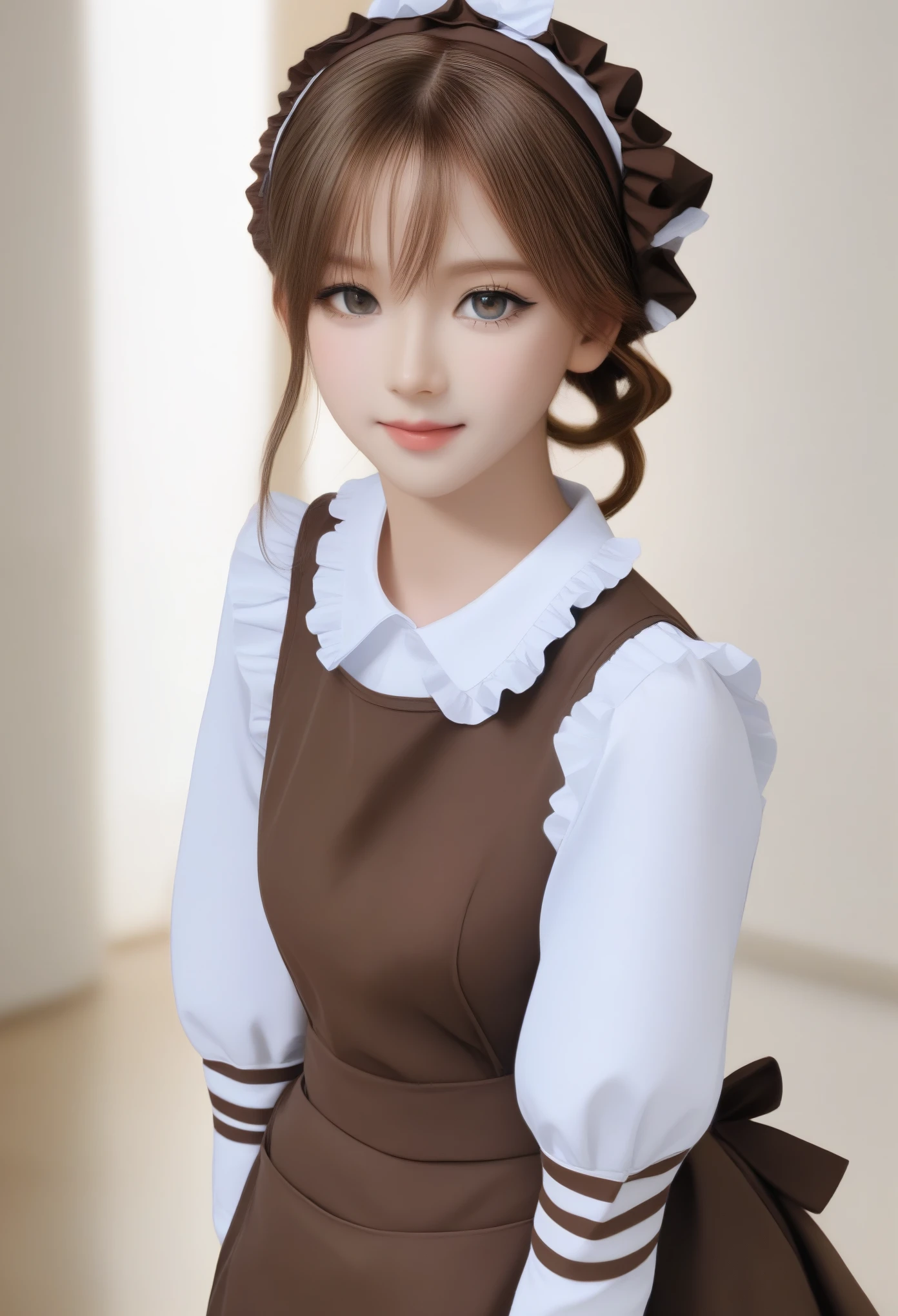 Secre_Swallowtail_v20, blackbull-cape, headshot, looking at viewer, light smile, expressionless,looking at viewer, Secre_Swallowtail_v20,1girl,solo, full body, maid,(vertical stripes:1.3),(brown dress:1.3),long_sleeves, BREAK maid_apron,white_pantyhose,frill,maid headband,