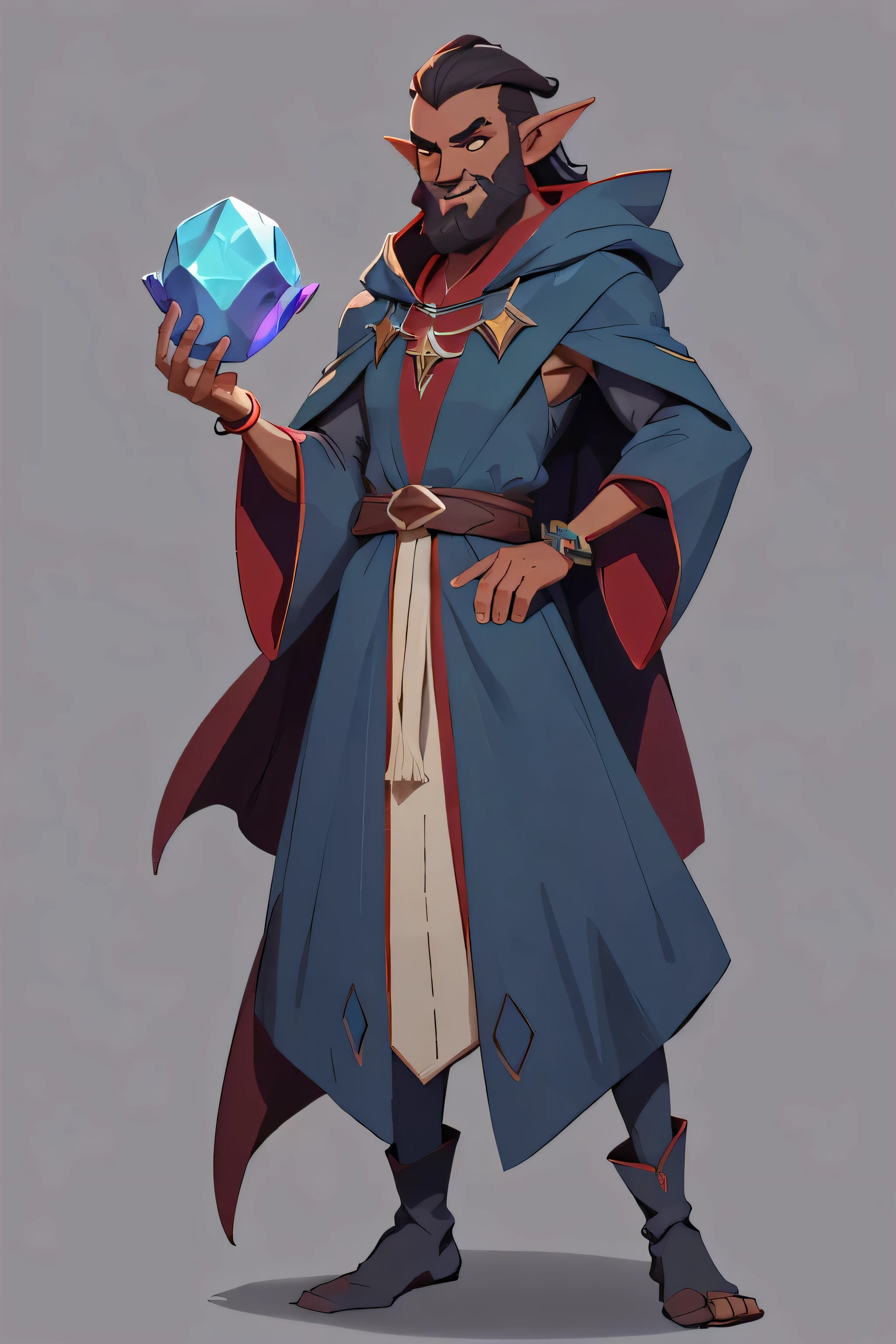 1boy, monster with DARK RED SKIN, pointed ears, broad nose, BEARD, wearing wizard robes, mstoconcept art, european and american cartoons, game character design, solo, BACKGROUND, GRAY BACKGROUND, WIZARD, FULL BODY, STANDING, SMILING, ROBE, HOOD, JEWELRY, BRACELET, WIDE SLEEVES, BELT, GEMSTONE, LONG SLEEVES,