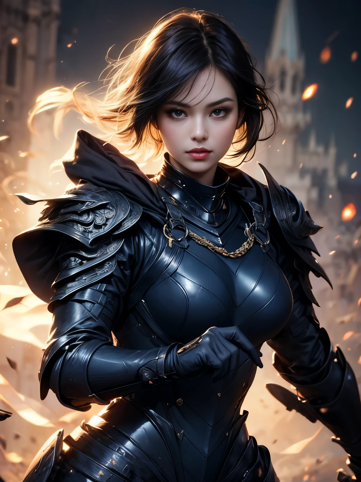 (((Best Quality))), ((Ultra-detailed)), (extremely detailed photo), ((extremely delicate and beautiful)),(Cute delicate face), ((masterpiece)), perfect anatomy, intricate, (highly detailed), masterpiece, photorealistic, (Tall and cool 36 year old boyish girl),(navy blue and black armor:1.3), ((Castle Town)) ,(upper body),(holding glowing sword),alone,(black hair and short hair),(dynamic pose:1.5), looking at viewer, double eyelid,delicate skin,slender body shape