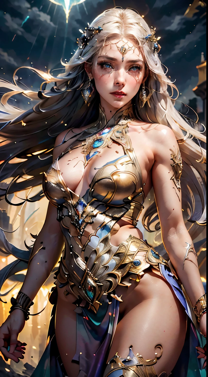 Foreground, (masterpiece), Best quality, expressive eyes, perfect face, female warrior, sword in left hand, half naked, Steel bracelet, silver bracelet, bronze belt, bare chest, beautiful vagina, vagina with small soft hairs , woman with very long hair, blown by the wind, night light, cloudy sky, dark clouds with lightning, Mountains, Castle, built into a mountain rock, Waterfall que sale del castillo, beautiful warrior goddess, fantasy, served, skin wet with sweat, flushed and choking face, A provocative look, sexy pose, Full female body, Oriental mandala tattoos, See-through dresses, skin wet from water, stormy skies, red storm clouds, Floating antique clock, Waterfall, lamp light, flashlight, we are panties , Tattoos of mandala and flowers on the naked body, majestic, Sense of depth, expressive eyes, perfect face, 8 k, (Female: 1.5), Elegant and flexible (athletic build: 1.5), emerald eyes: 1.5), Brown hair (bright: 1.5), UHD, HDR, cinematic image, complex parts, Ultra-Рииlism, Viridian tones, dystopian palace, Luxurious atmosphere, ultra detailed, Stunning image, imax, Kinematics, award-winning cinematography, difficult, low aperture (F1. 2), dramatic. lights, film composition, professional, erotica, Средневековый Castle, built into the mountain, night sky, full moon, 1 girl, 18 years, (legs open), pink lips, well lit, beautiful and aesthetically pleasing: 1,2), ( 1 girl), extremely detailed, (fractal art: 1.3), color, More detailed, Beautiful goddess, Caucasian girl with shiny silver hair, Full female body, viridian colors, Metallic colors, enamel colors, long white hair, art style, art style сакимичан, nsfv, run and dodge, Fighting pose, beautiful woman warrior in battle, Foreground, girl from the war front, Nude woman, fighting expression, evil smile, Open