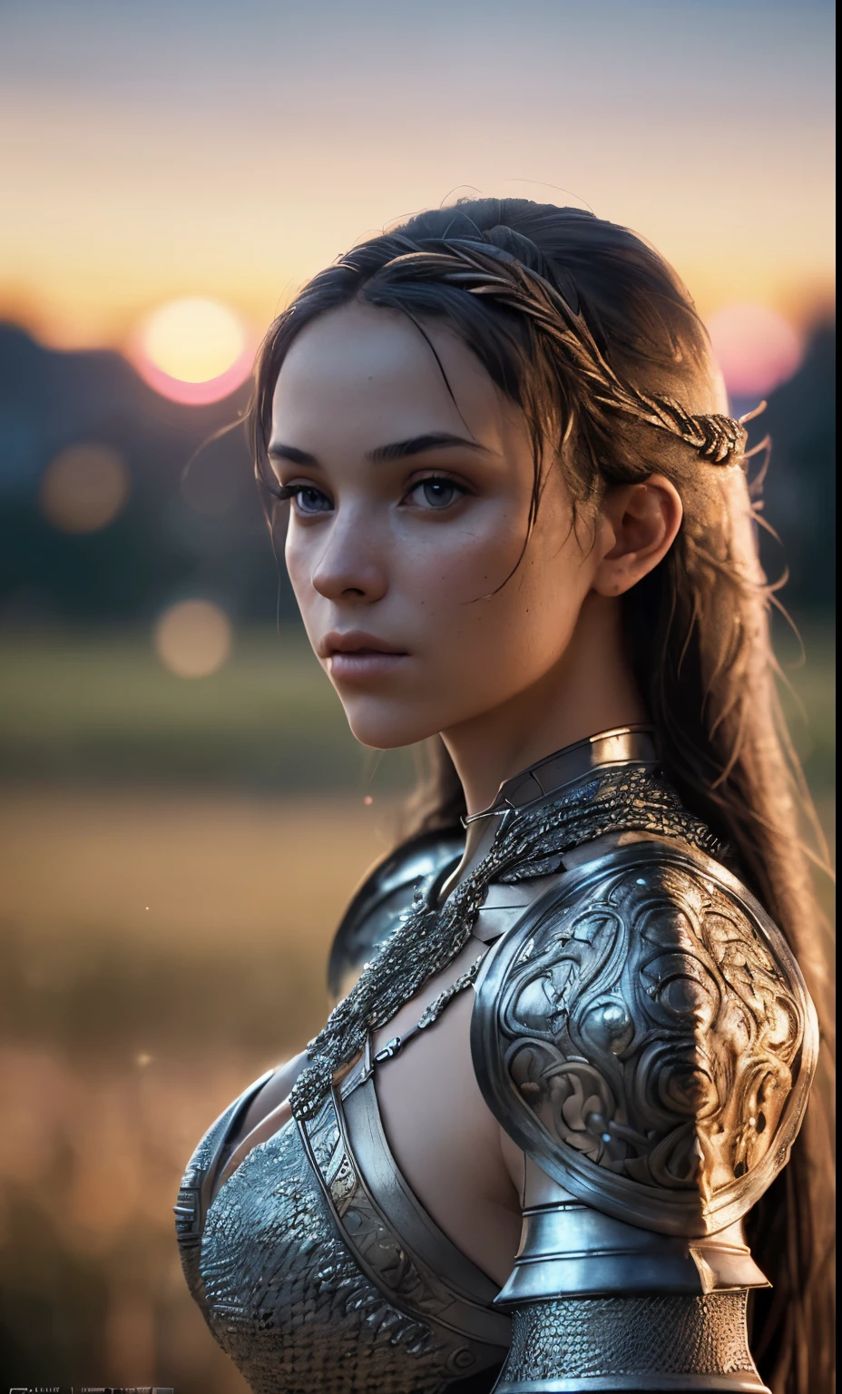 (masterpiece), (extremely intricate:1.3), (realistic), portrait of a girl, the most beautiful in the world, (medieval armor), metal reflections, upper body, outdoors, intense sunlight, far away castle, professional photograph of a stunning woman detailed, sharp focus, dramatic, award winning, cinematic lighting, octane render unreal engine, volumetrics dtx, (film grain, blurry background, blurry foreground, bokeh, depth of field, sunset, motion blur:1.3), chainmail