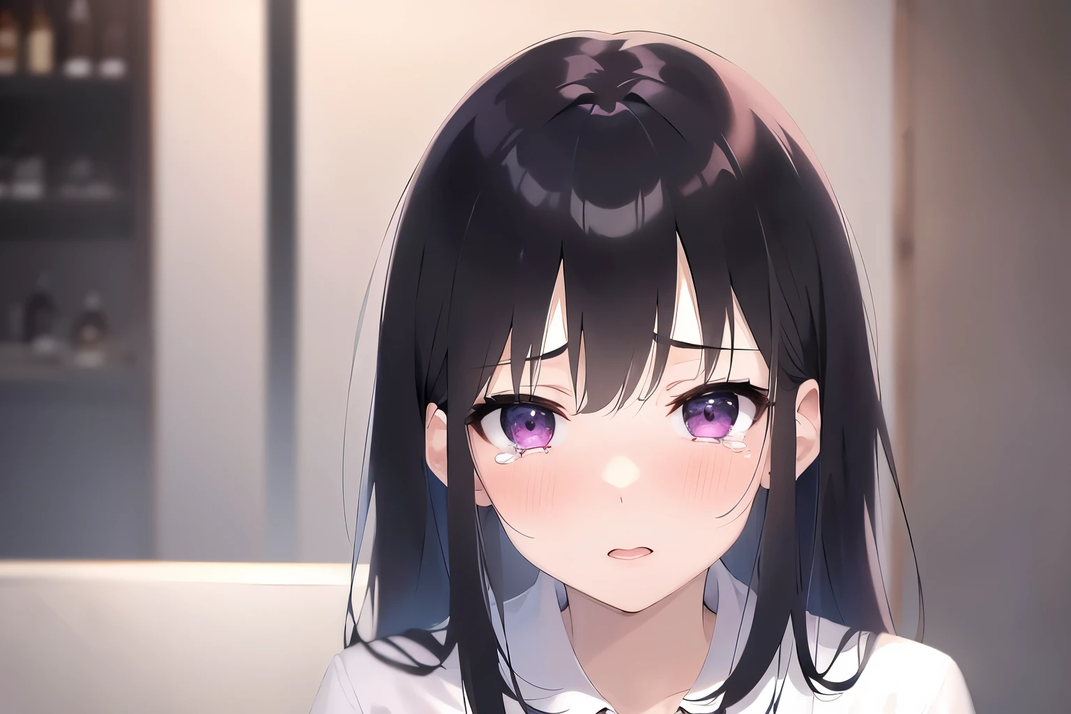 Realistic, real person, (pale skin: 1.2), RAW photo, photorealistic, portrait photography, shiny skin, japanese idol、shiny hair、(bangs) and (straight) and (medium hair)and (25 year old woman) and (black hair) and (purple eyes) , Office Lady、wearing a white shirt、sad, (blush:1.5), (tears:1.3), open mouth, The background is a restaurant at night、Alone、sitting、wine glass、food on a plate
