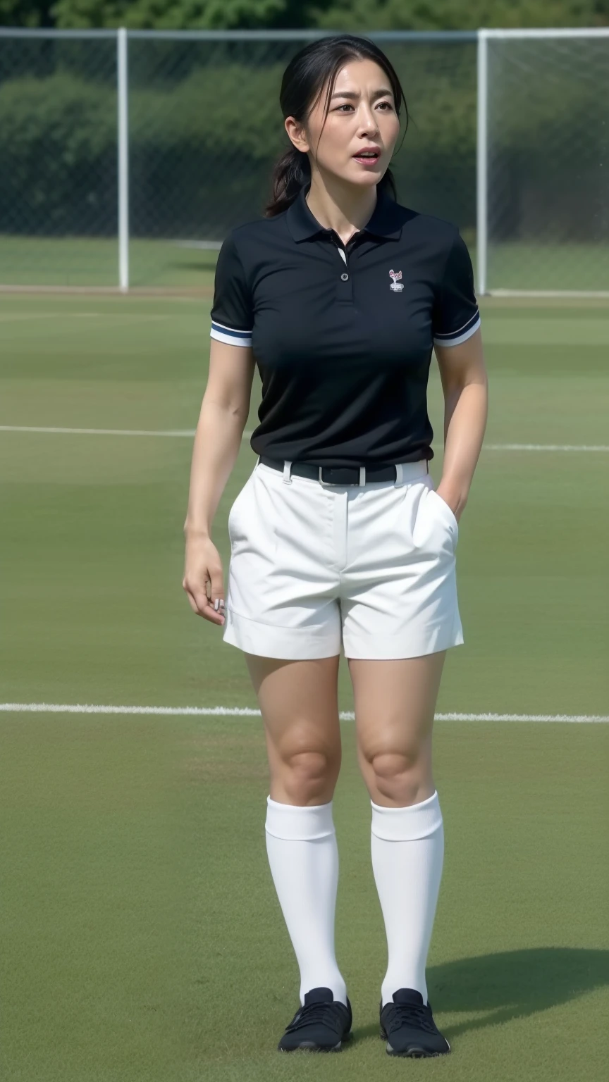 NSFW, ((highest quality)), ((8K)), ((masterpiece:1.3)), (become familiar with), (cinema quality), ((rugby field)), The green grass is beautiful, Japanese female referee, The contrast between the natural light shining in and the shadow created by the studio roof, (stand on the grass court:1.2), (rugby ballを持ち直立する女性), (rugby ball:1.2), (spread your feet shoulder-width apart), (open your legs wide), ((black collared short sleeve polo shirt)), Sponsor logos on both chests, ((shorts)), ((high socks)), shoes with spikes, long hair, Hair tied up in a ponytail, perfect appearance, 32 years old, married woman, (trained thigh muscles), ((swollen thigh muscles)), tanned skin, facial wrinkles:1.2, wrinkles around the eyes, tear bags around the eyes, double eyelid, Crying mole under left eye, lips closed and mouth corners raised, hall々expression, (big breasts), big breasts, hard nipples, look straight ahead, whole body, (胸を張りhall々としたstanding posture), (standing posture:1.6), (Perspective looking up from the feet), ((cat&#39;s perspective)),