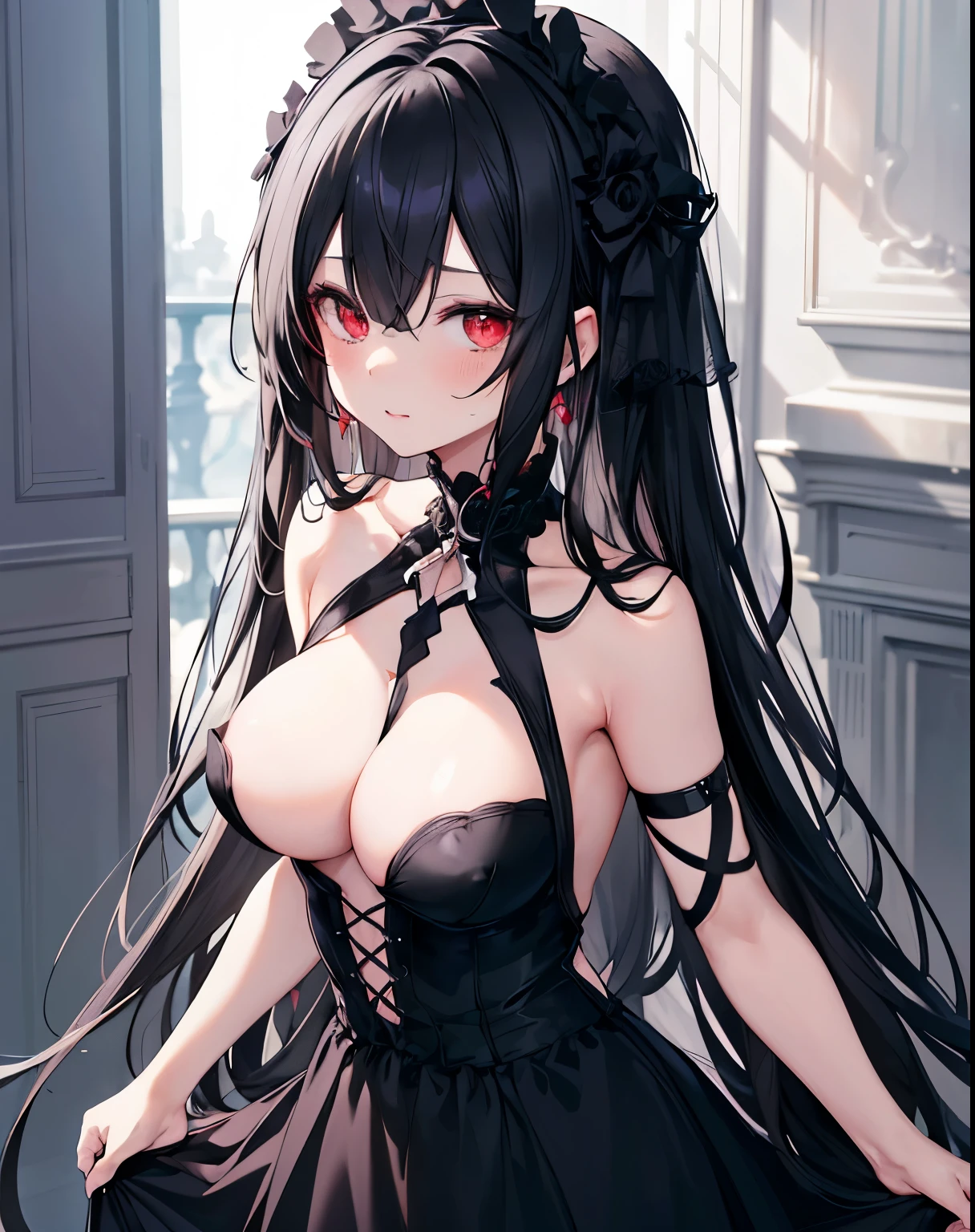 Close-up of a woman in a dress with naked breasts and naked nipples in white and black dress、black hair,gothic otome anime girl、anime girl in a black dress、Cute anime wife in a nice dress、beautiful anime girl、face turns red、embarrassed look,naked naked breasts naked nipples