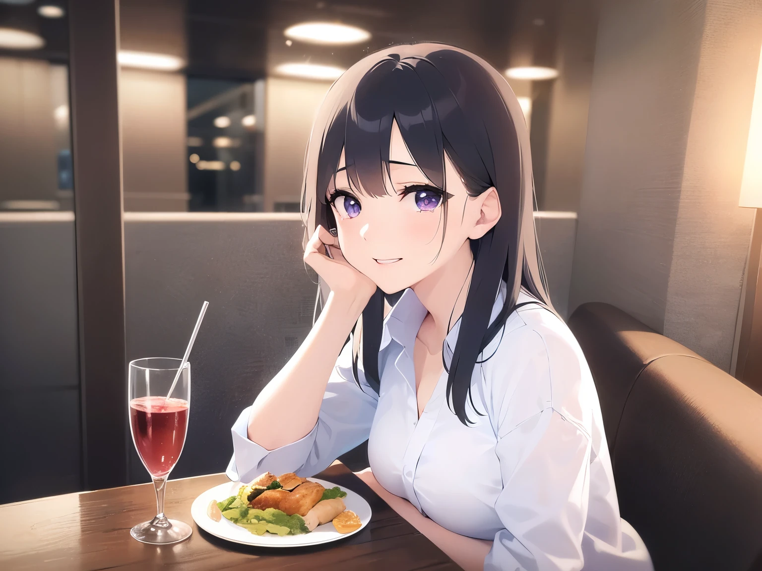 Realistic, real person, (pale skin: 1.2), RAW photo, photorealistic, portrait photography, shiny skin, japanese idol、shiny hair、(bangs) and (straight) and (medium hair)and (25 year old woman) and (black hair) and (purple eyes) , Office Lady、wearing a white shirt、(embarrassed:1.2), smile, (tears:1.2), The background is a restaurant at night、Alone、sitting、wine glass、food on a plate