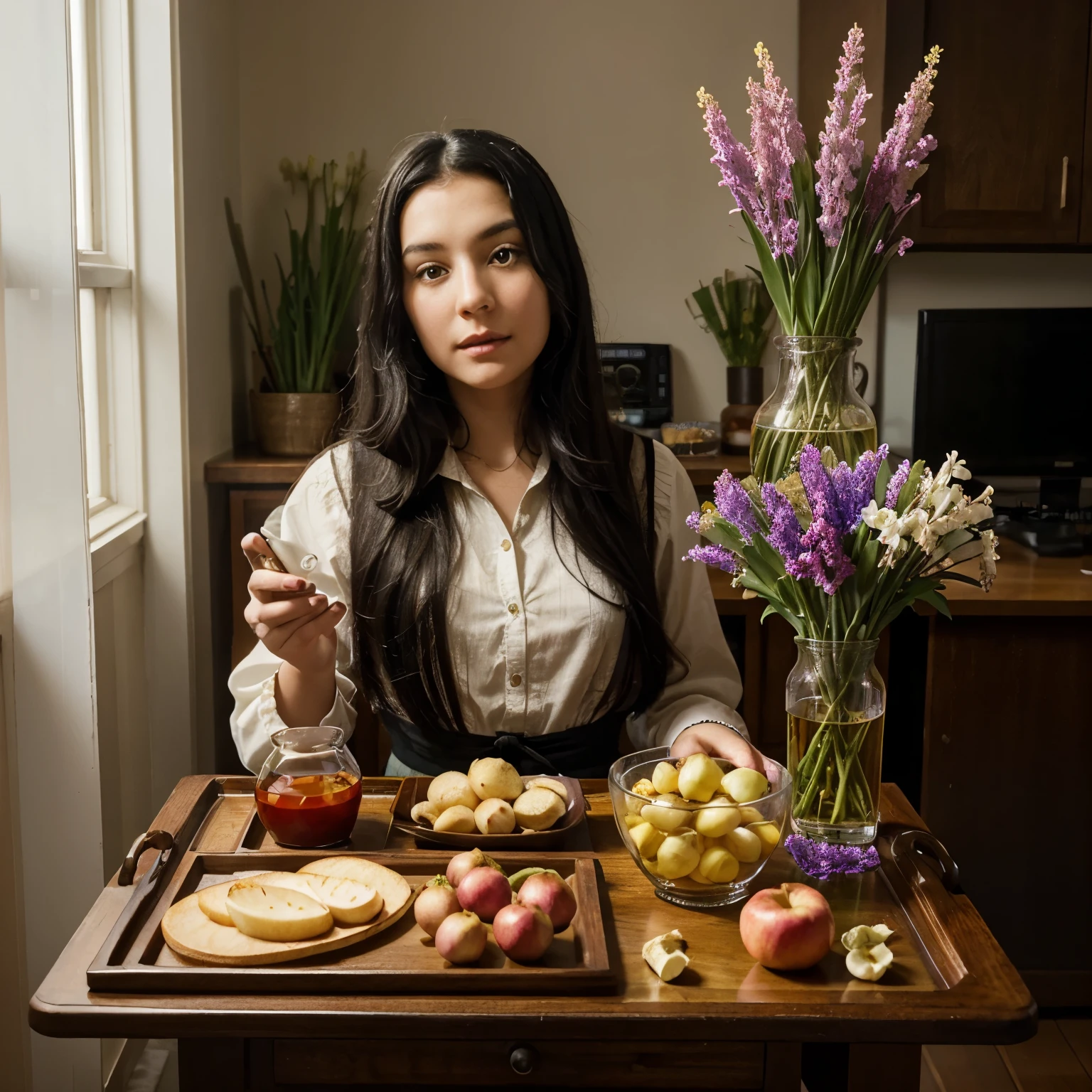 In the photo, there should be a seven tray table containing coins, hyacinth flowers, vinegar, garlic, apples, fish, and sumac, and next to it there should be a girl with long black hair and a dress from the Aryan era.