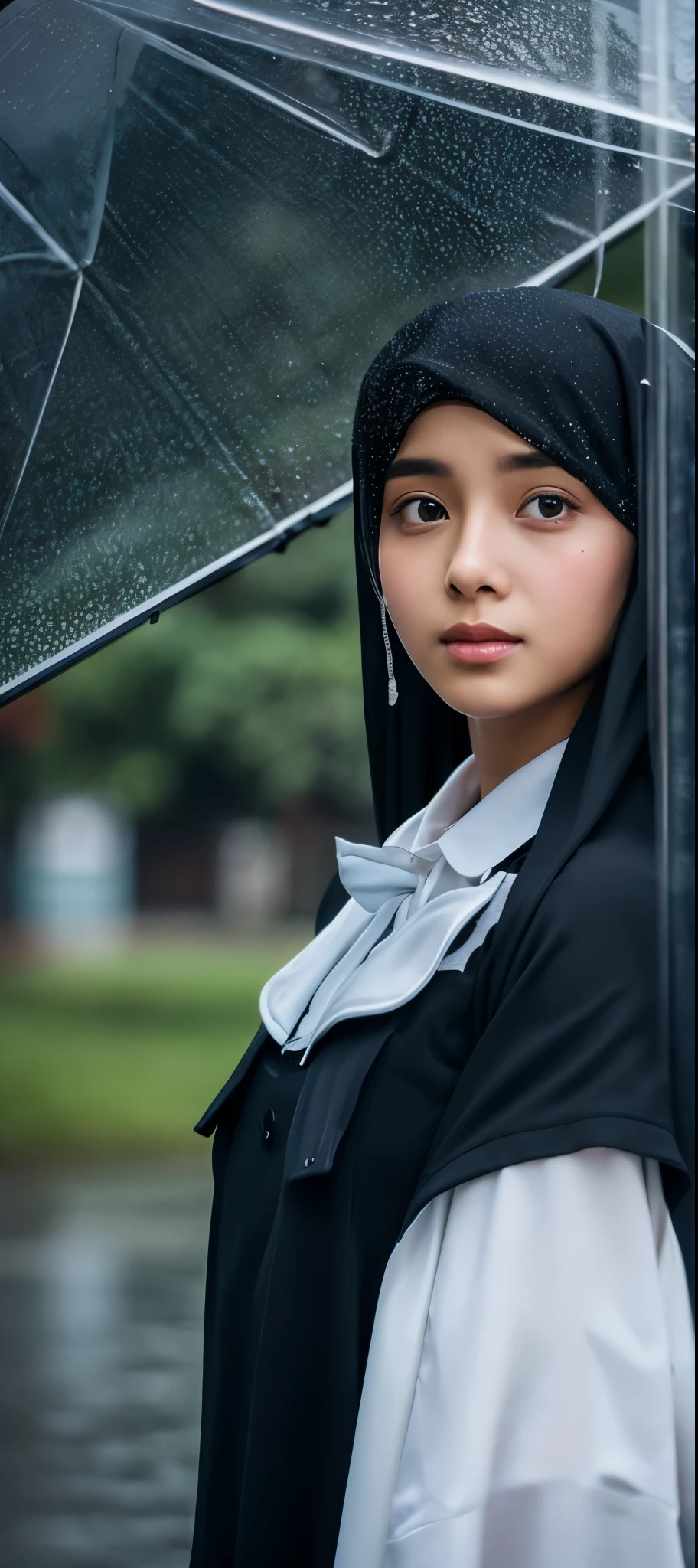 1girl, long black jilbab syar'i, uniform, shy, blush, wet, rain, transparent, ((medium breast 1.2)), (masterpiece, best quality), soft light, cinematic composition, cinematic light