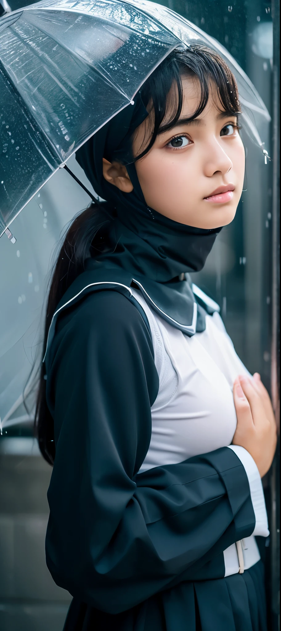 1girl, long black jilbab syar'i, uniform, shy, blush, wet, rain, transparent, ((medium breast 1.2)), (masterpiece, best quality), soft light, cinematic composition, cinematic light