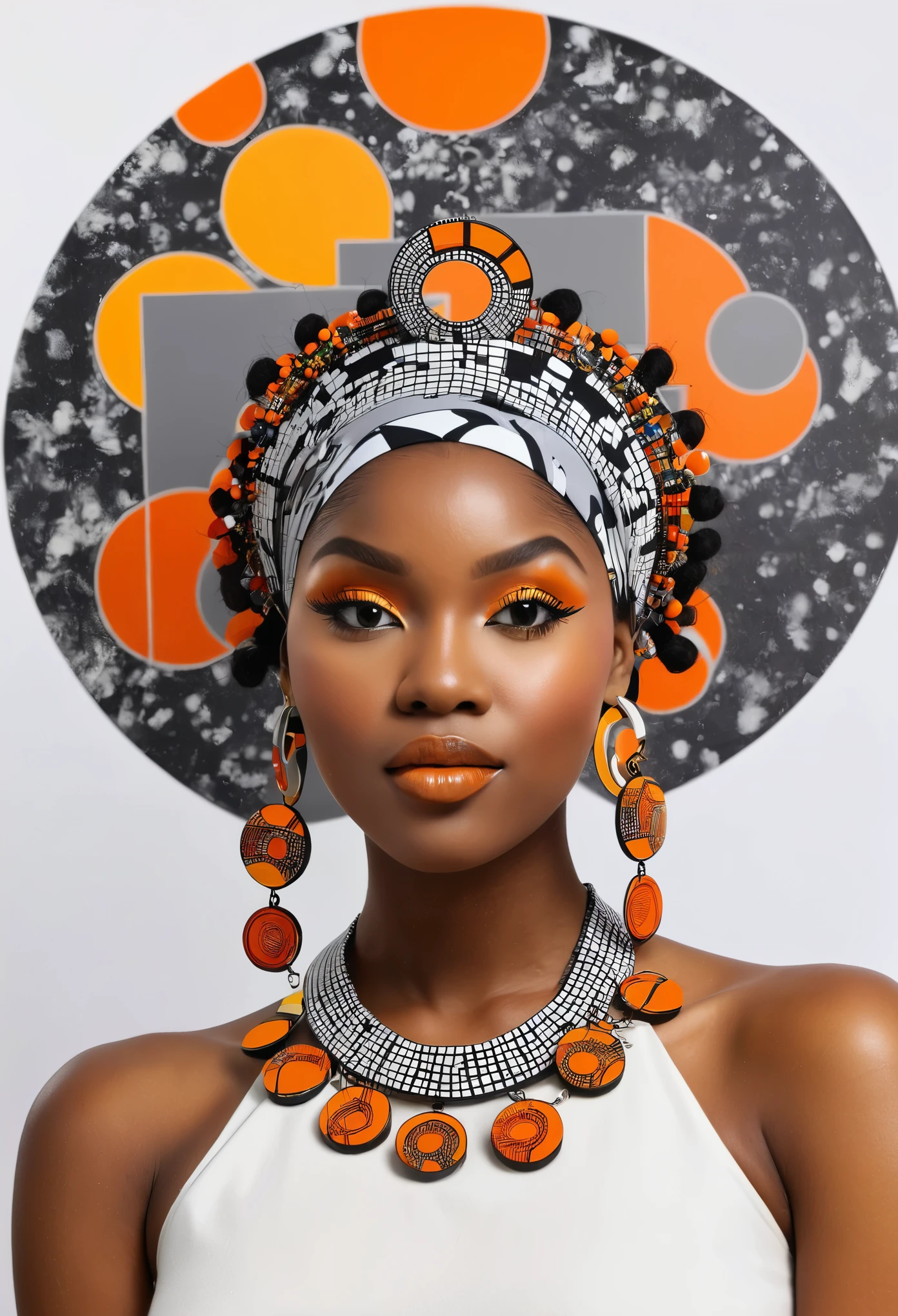 a black woman with a rubix cube and a crescent headdress and a grey and white abstract background with orange circles, african designed earrings