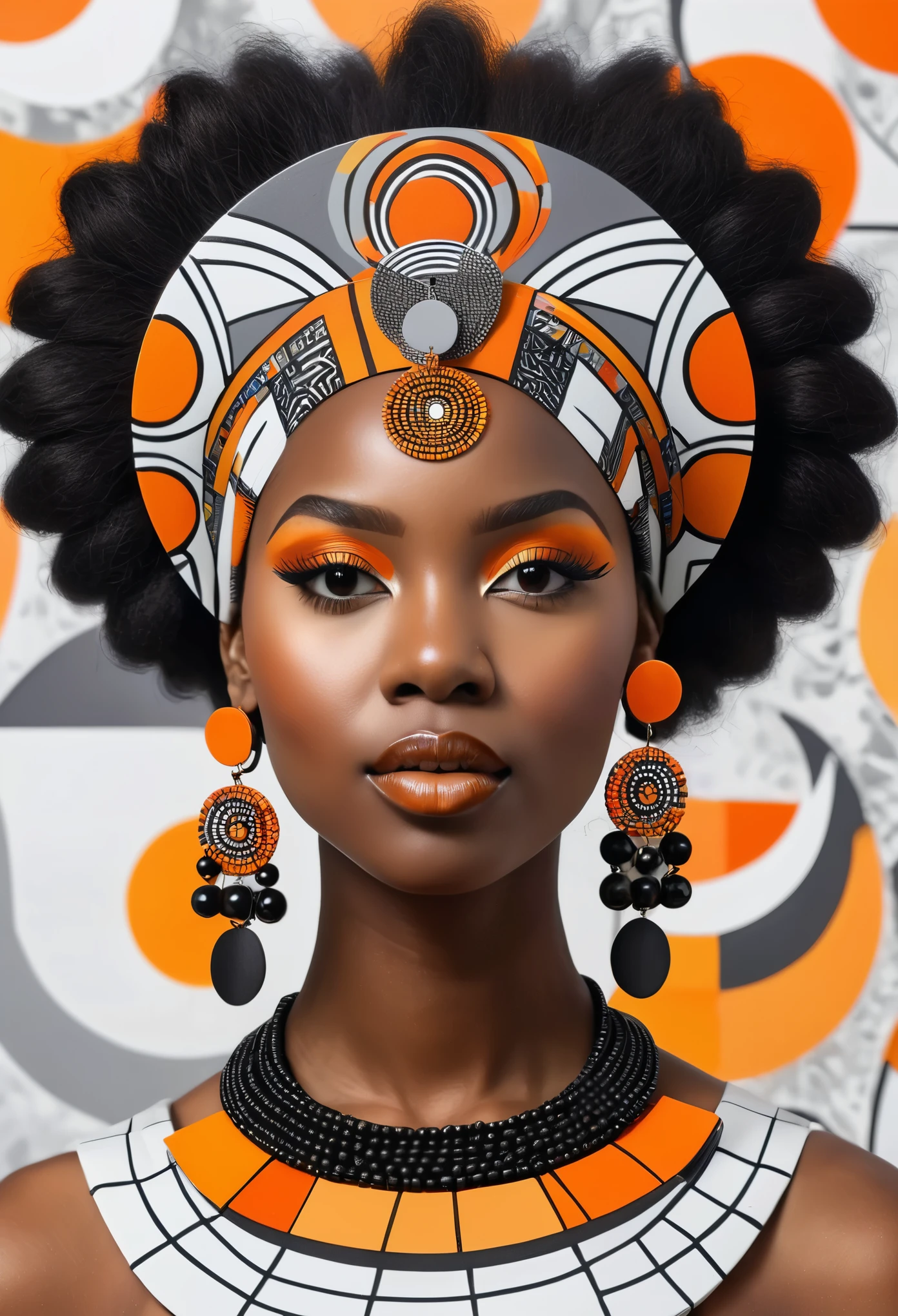 a black woman with a rubix cube and a crescent headdress and a grey and white abstract background with orange circles, african designed earrings 