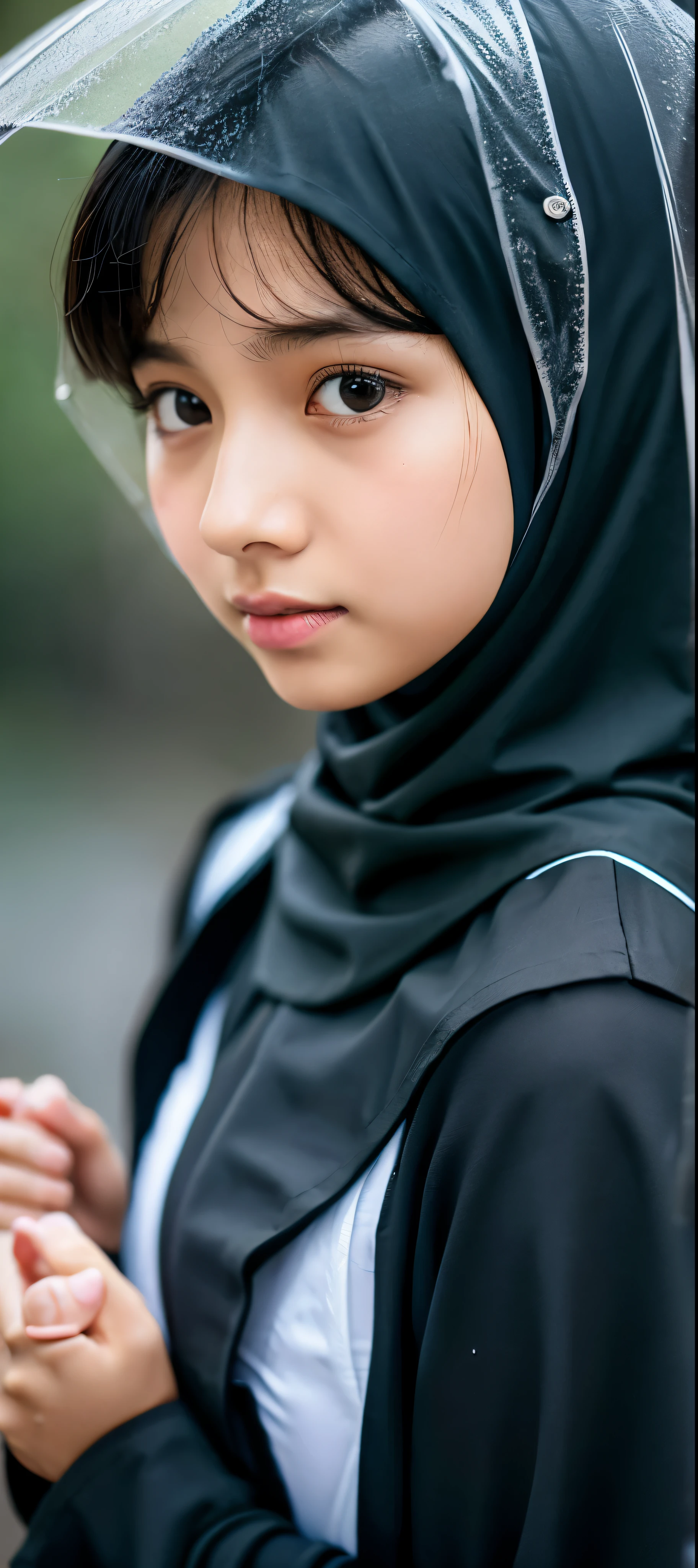 1girl, long black jilbab syar'i, uniform, shy, blush, wet, rain, transparent, ((medium breast 1.2)), (masterpiece, best quality), soft light, cinematic composition, cinematic light