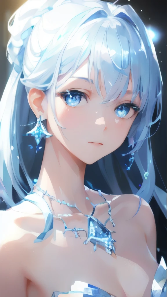 masterpiece, highest quality, figure, Sax Blue, platinum earrings, platinum necklace, white dress, 1 girl, cute, (dynamic lighting:1.2), cinematic lighting, delicate features, fine eyes, sharp pupils, realistic student, Depth of the bounds written, Bokeh, sharp focus, (very detailed, bloom, shine:1.4), lots of little gems