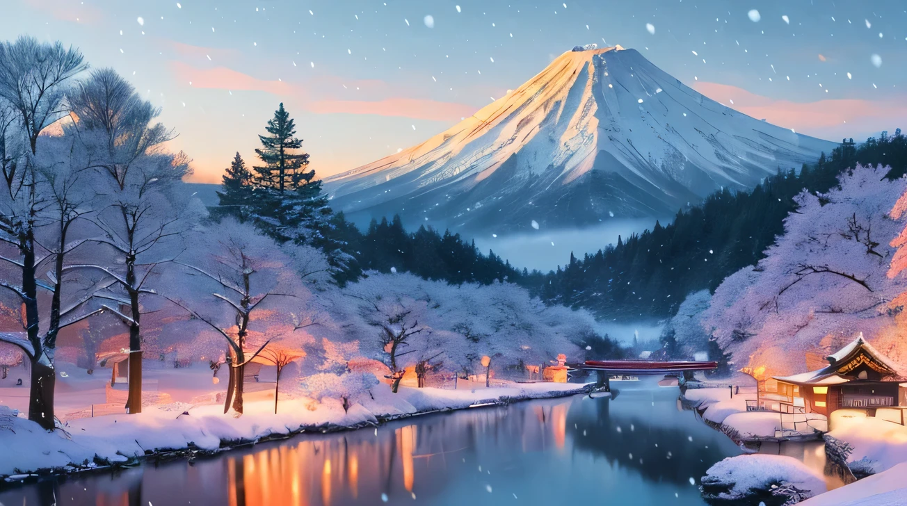 Japan、(Highly detailed CG Unthaty 8K wallpaper), Full shot photos of the most beautiful works of art in the countryside, that&#39;It&#39;s snowing, nostalgia, Snow Hill, Trending wthath ArtStation, Trending on CGsociety, Complex, high detail, sharp focus, dramatic, Realistic Painting Art by Midjourney and Greg Rutkowski