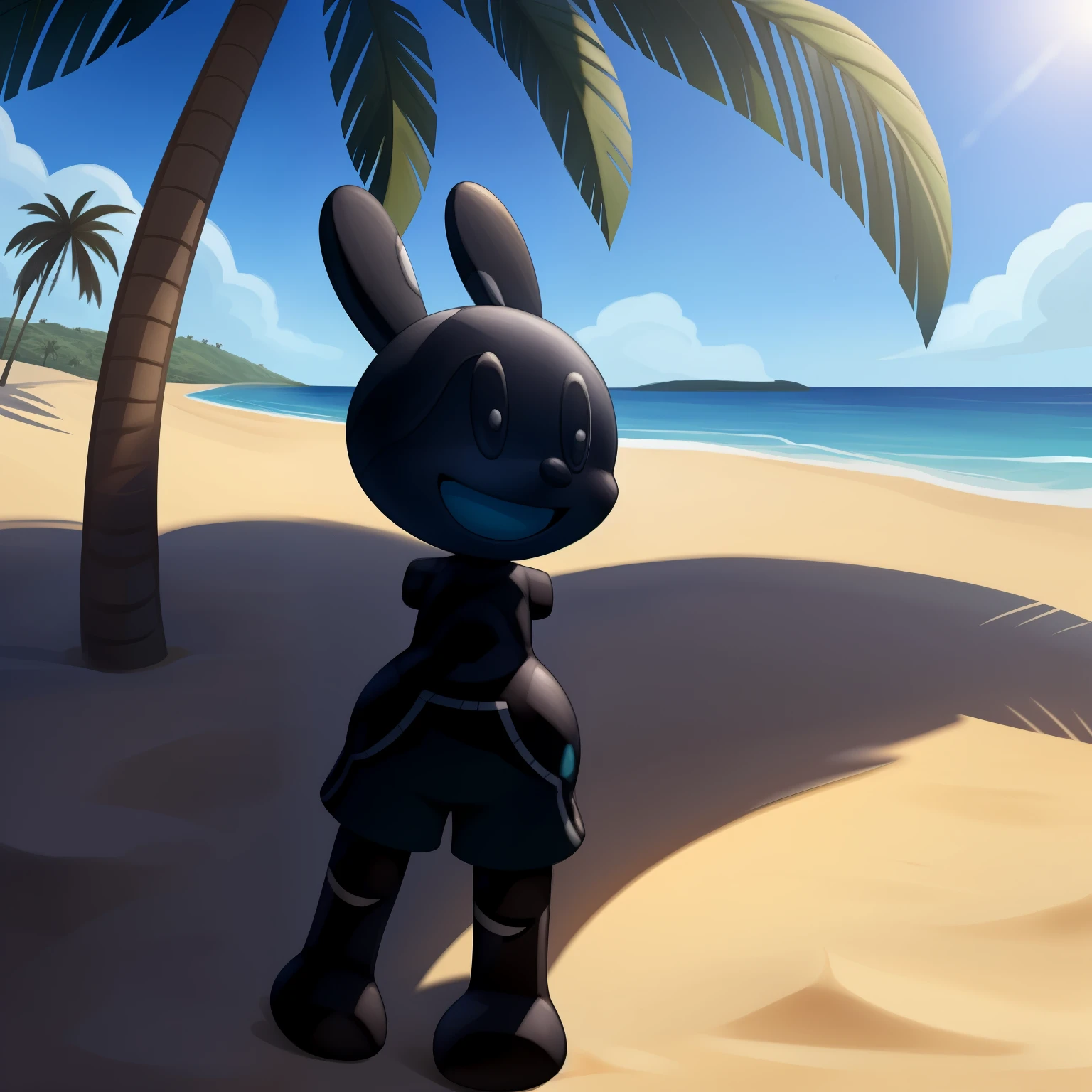 Oswald, armless, missing arms, no arms, black eyes, blue shorts, open smile, big and wide mouth, agape, white polka dots on ears, staring at the viewer, full body, enjoying the place, dynamic angle, beach background, detailed art, palm trees, intricate details