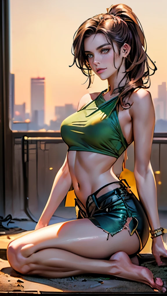 ((masterpiece, Best quality, a high resolution, ultra detailed),(beautiful and aesthetically pleasing:1.2), 1 woman, adult, perfect body, Wavy brown hair, green eyes, hair pulled back into a beautiful ponytail, Detailed eyes and face, pink torn top, torn shorts, wasteland, laura croft, golden hour, complex parts, full body