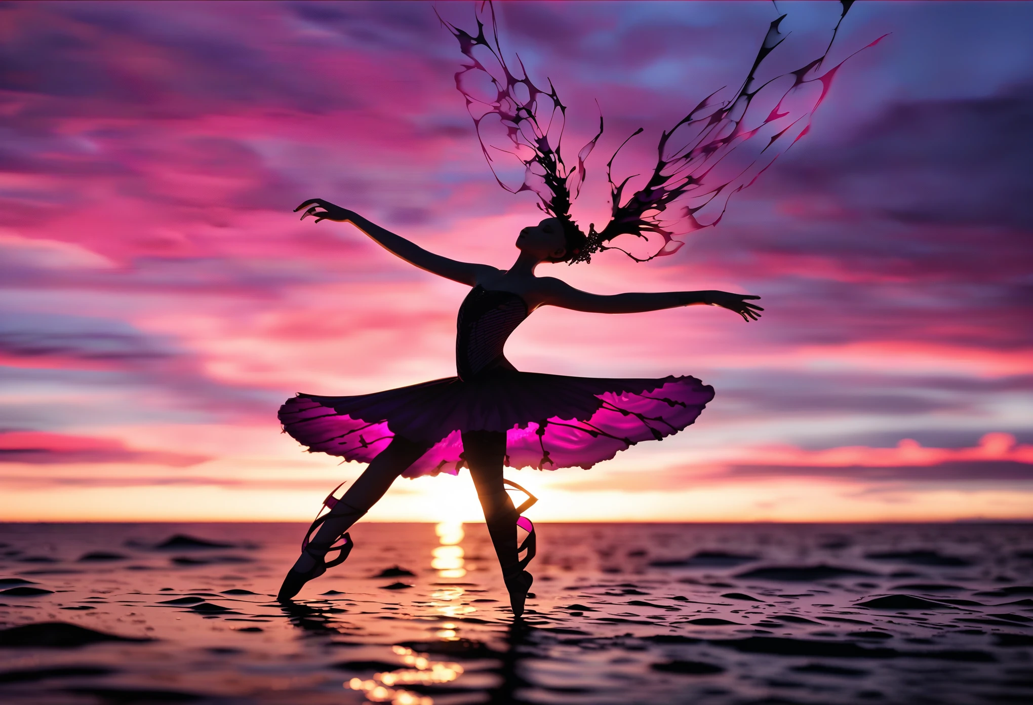 Elegant cybergoth ballerina dances delicately as if completely weightless in the middle of (surface of the ocean:1.3), black and red, dramatic photography, sunset, backlit, red and purple hues