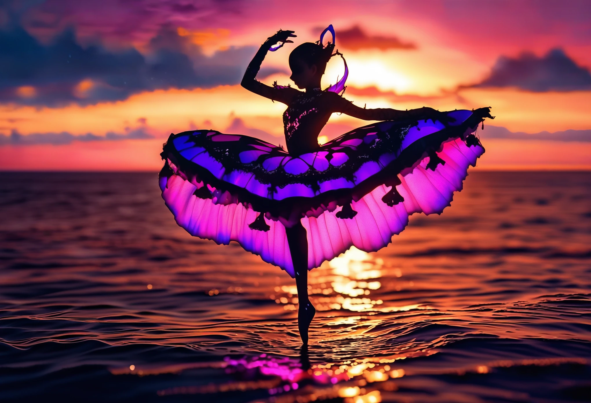Elegant cybergoth ballerina dances delicately as if completely weightless in the middle of (surface of the ocean:1.3), black and red, dramatic photography, sunset, backlit, red and purple hues
