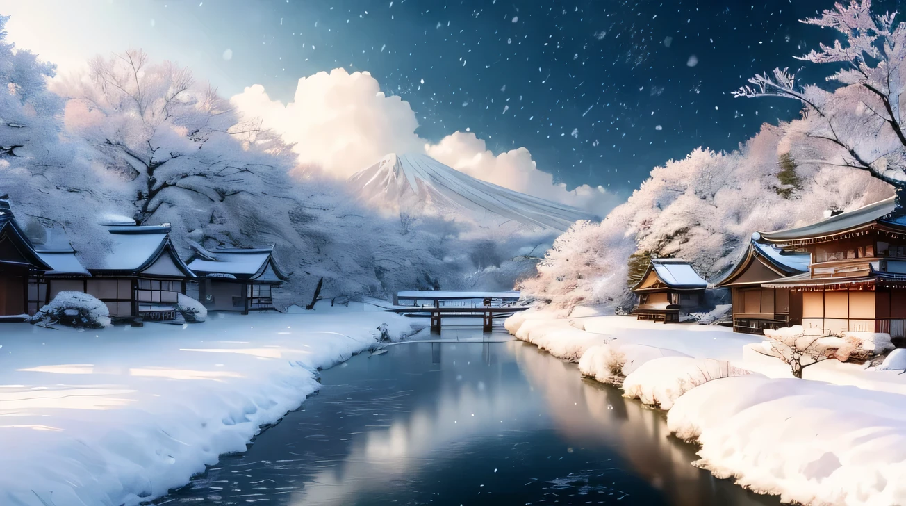 Japan、(Highly detailed CG Unthaty 8K wallpaper), Full shot photos of the most beautiful works of art in the countryside, that&#39;It&#39;s snowing, nostalgia, Snow Hill, Trending wthath ArtStation, Trending on CGsociety, Complex, high detail, sharp focus, dramatic, Realistic Painting Art by Midjourney and Greg Rutkowski