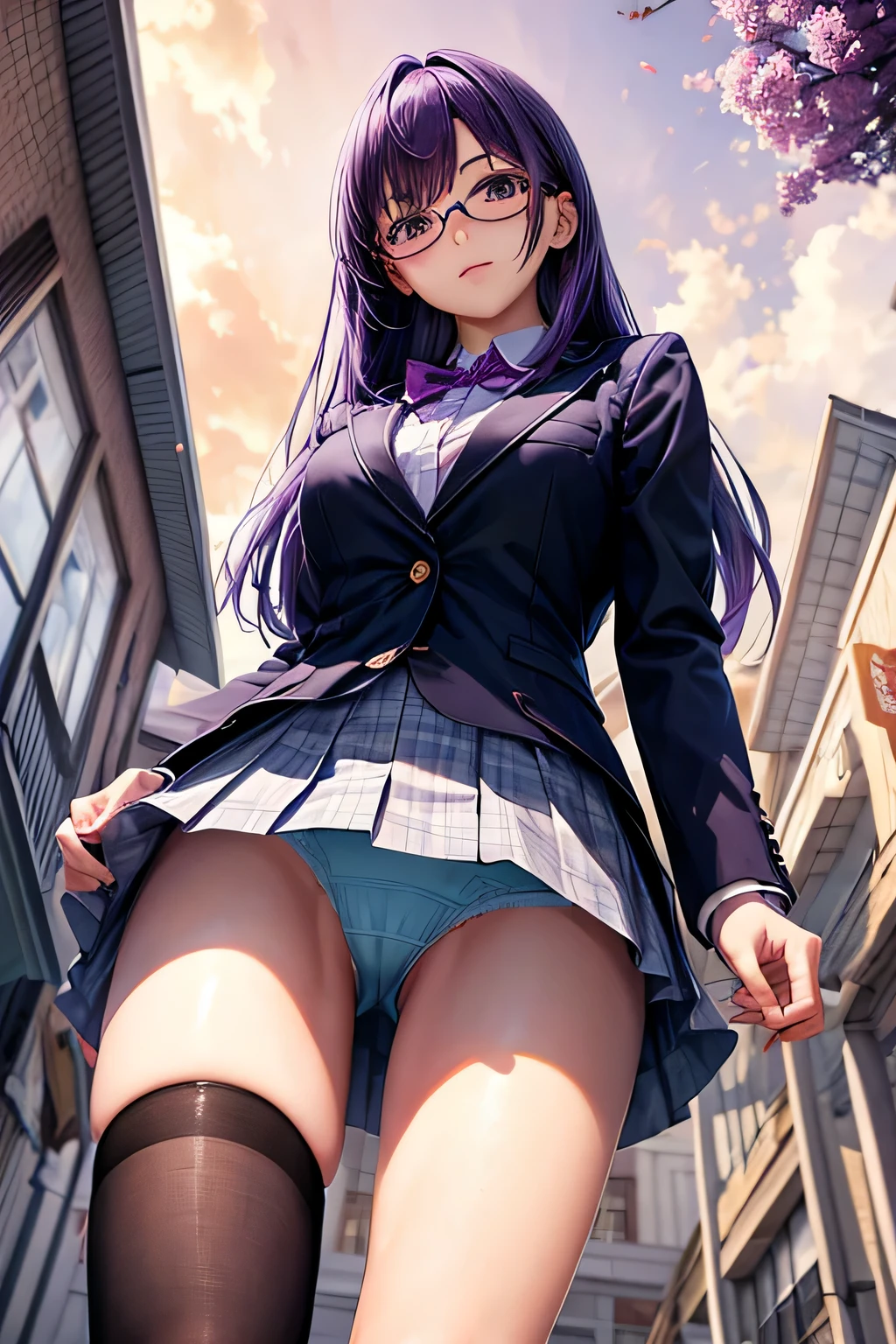 panty shot、blazer、Glasses、Beautiful Girl Magician、purple hair long bob hair、((whole body))、(((photo taken from below)))、school gate