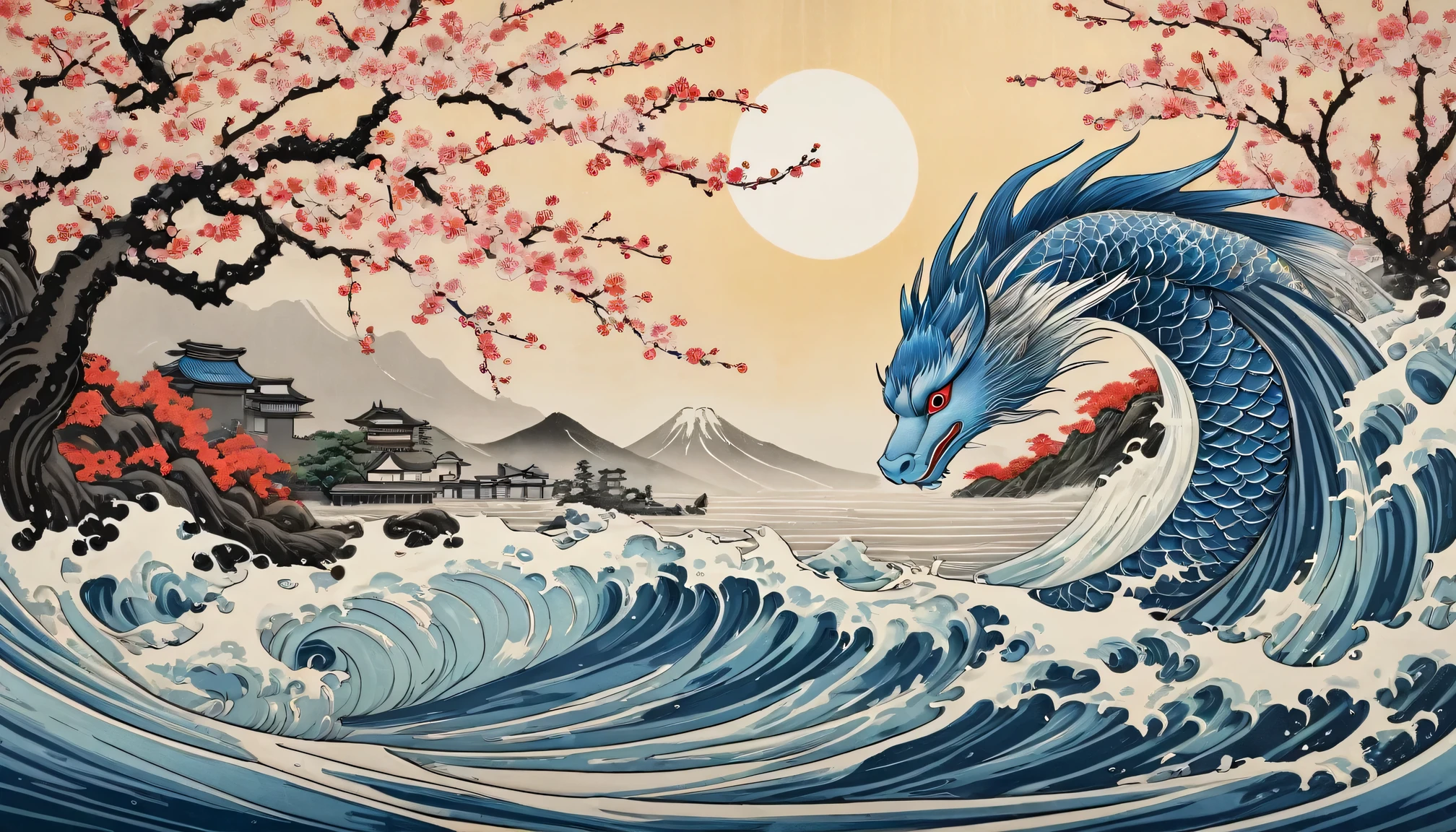 silver dragon waves, relief art, Ukiyo-e, bright colors, wood block print, intricate details, Traditional Japanese, peaceful scenery, water splash, traditional clothing, Cherry blossoms, elegant geisha, Beautiful features, peaceful atmosphere, japanese folklore