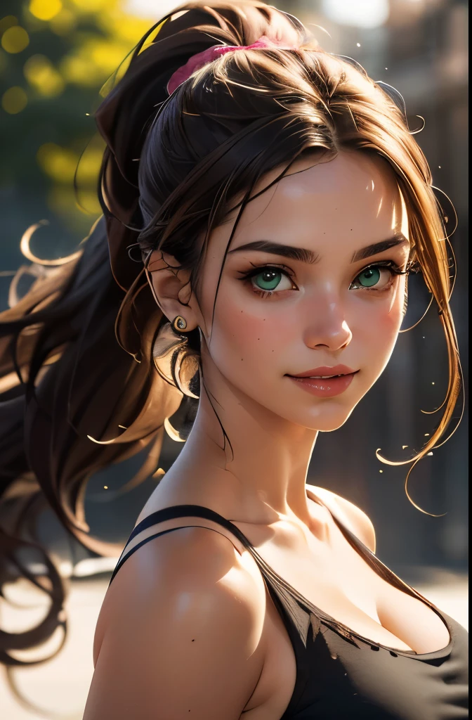 (masterpiece, best quality, highres:1.2), (photorealistic:1.2), (intricate and beautiful:1.2), (detailed light:1.2), (colorful, dynamic angle), RAW photo, fashion photography, (highres textures), dynamic pose, bokeh, soft light passing through hair, (sharp), exposure blend, bokeh, (hdr:1.4), high contrast, (cinematic), Laura Croft, 21 year old woman, big natural breasts, beautiful face, Wavy brown hair, green eyes, hair pulled back into a beautiful ponytail, pink torn top, torn shorts, grinning